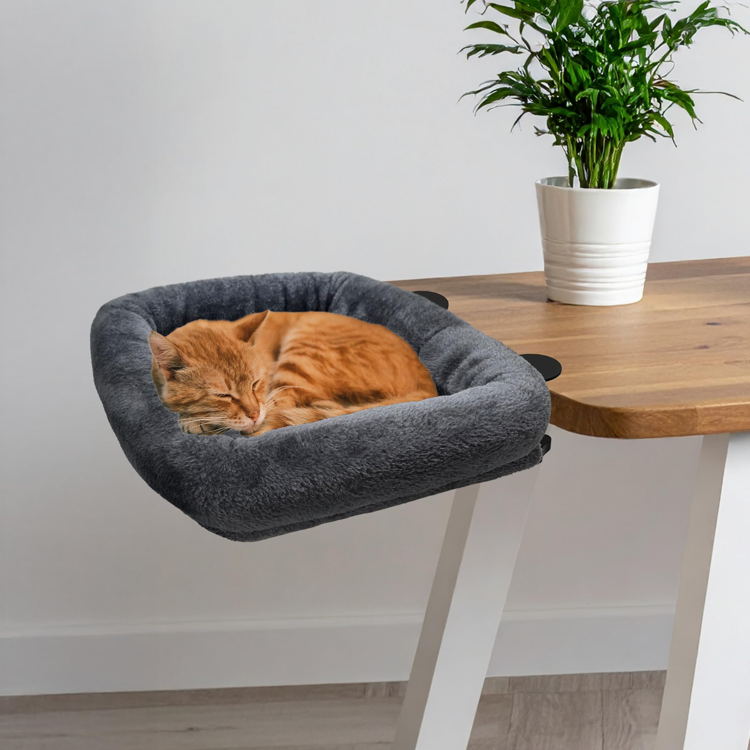 Desk Cat Bed | Attachable Cat Bed for Tables and Window Sills | Soft Faux Fur Fabric | Sturdy Construction - Supports up to 50 lbs | Foldable |