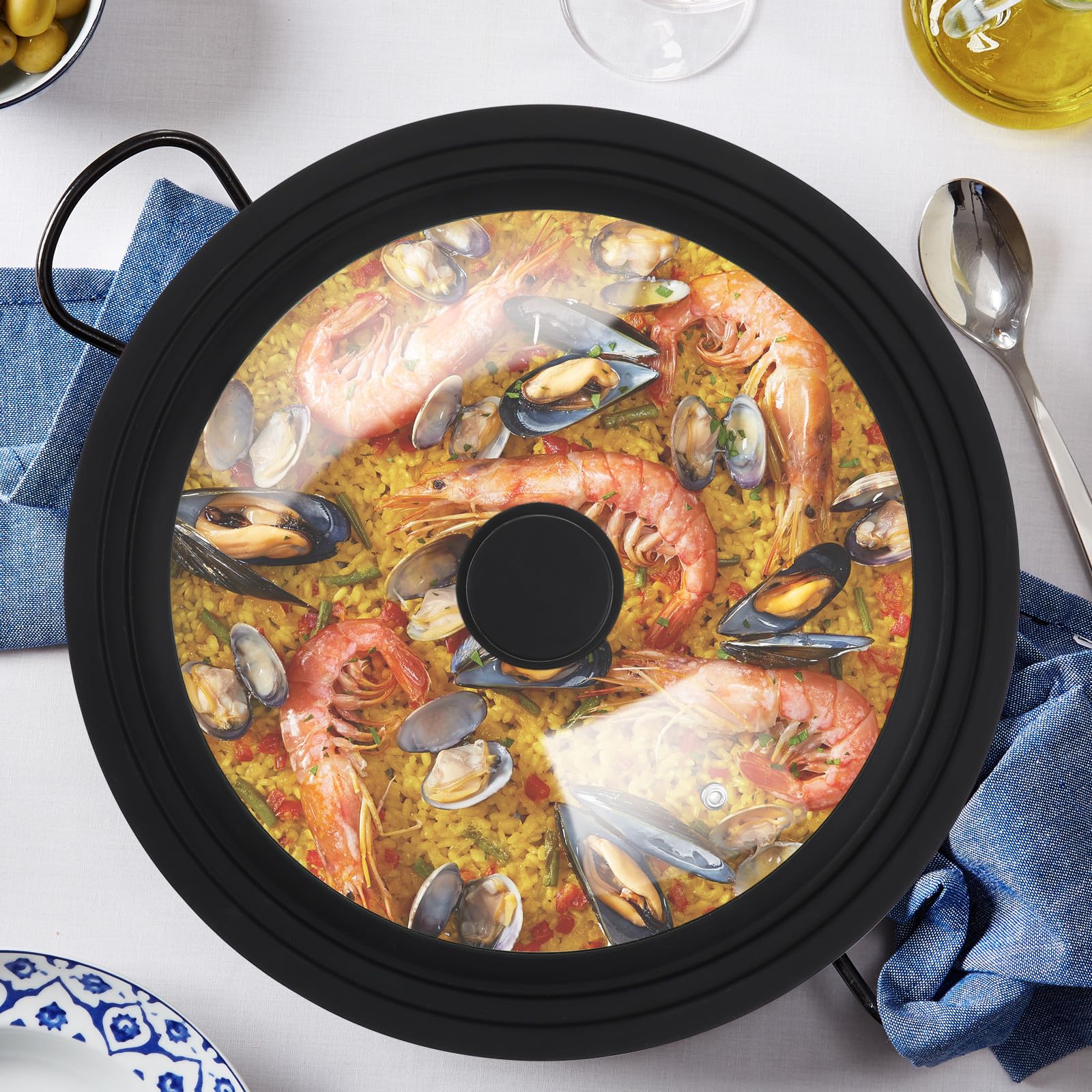 FRCOLOR Tapa para Sartén de Vidrio Templado Borde de Silicona Negra y Mango Resistente al Calor para Cocina, Compatible Ollas de 28-30-32cm