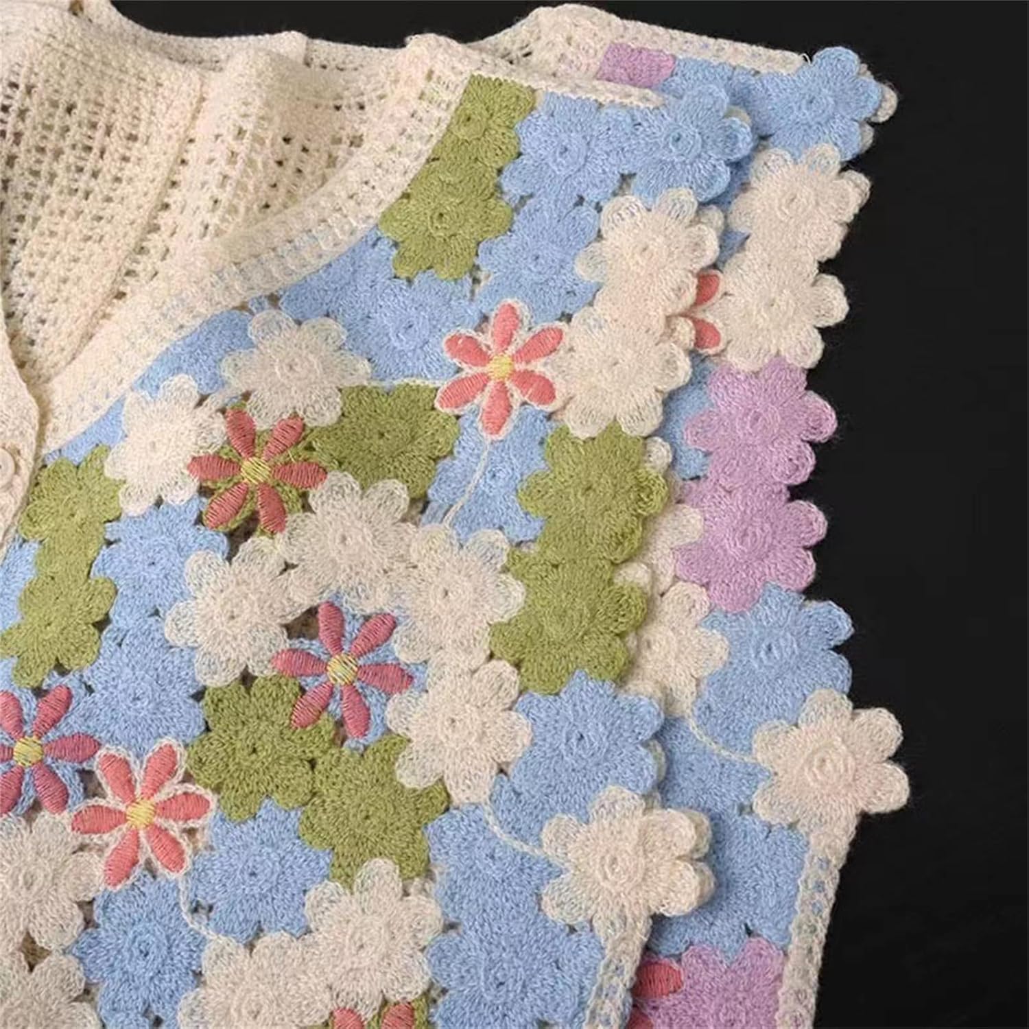 LIANXUE Women Vintage Knit Crochet V-Neck Waistcoat Cropped Cardigan Embroidery Colorblock Floral Sleeveless Sweater Vest Top - Image 5