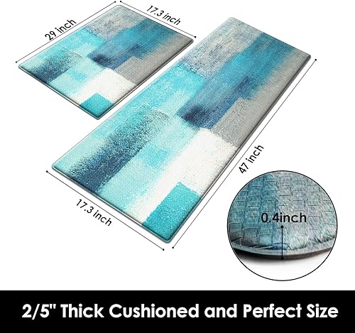Miniatura 2 de Arttown Juego de 2 tapetes de cocina antifatiga verde azulado con diseño abstracto de color gris, tapete antideslizante impermeable y tapete