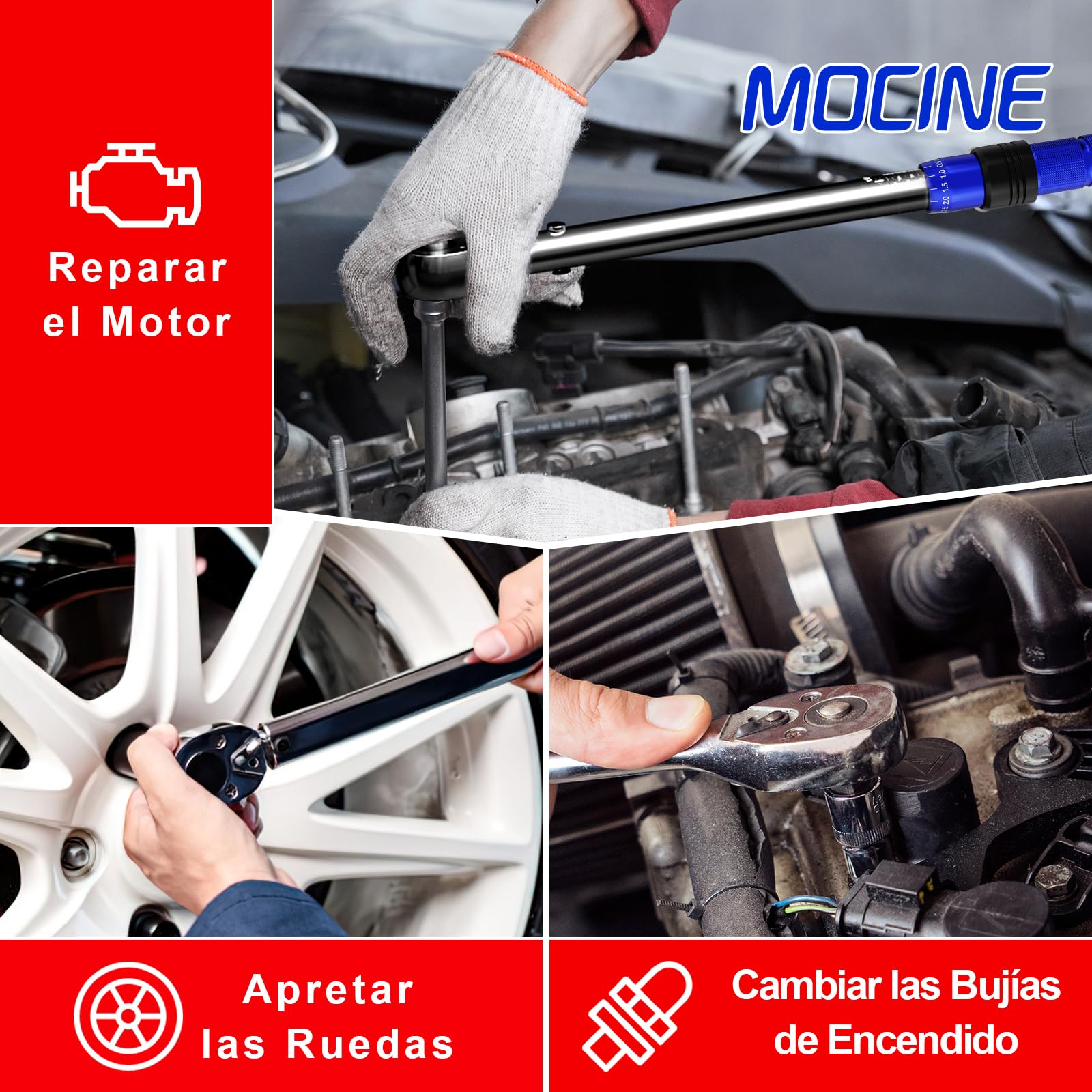 MOCINE Llave Dinamométrica 3/8", 5-60 Nm Llave de Torqu, Bicicleta, Moto,Bujías Set, 13 piezas, Con barra de extensión de 250 mm, adaptador de 3/8" a 1/2" y 1/4", Magnética de Bujía