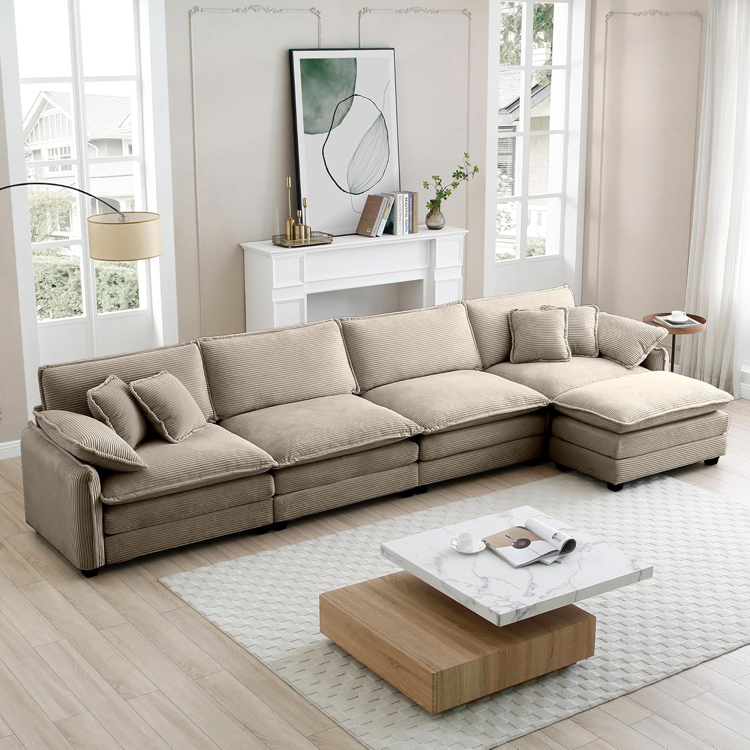 KEIKI 150" L-Shaped Oversized Corduroy Modular Sectional Sofa with 1 Ottoman, High-Density Foam Cushions, Removable Armrests, Upholstered 4-Seater Corner Couch with 6 Pillow, for Living Room, Tan