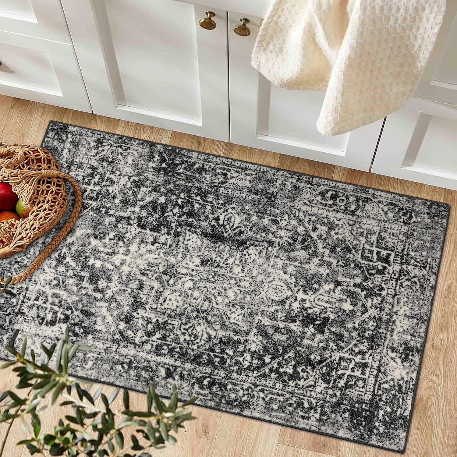 Morebes 2x3 Black Entryway Rugs, Washable Vintage Bathroom Rug Non Slip Indoor Door Mat, Medallion Stain-Resistant Soft Low Pile Throw Carpet for Entrance Kitchen Bedroom