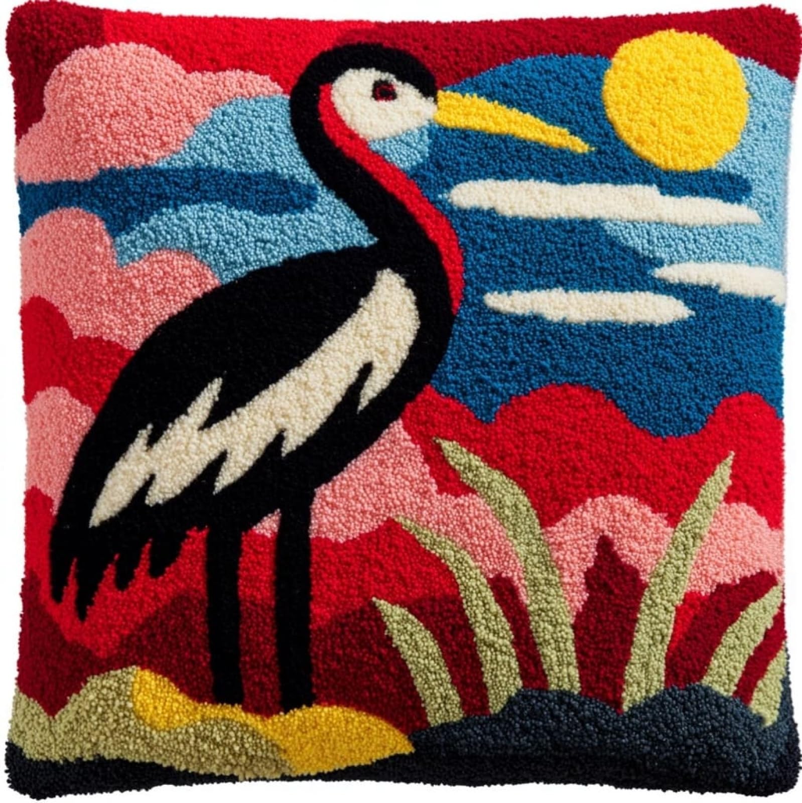 AxiangziK DIY Latch Hook Pillow Kit,Animal egret 17x17inch Printed Pillowcase Crochet Yarns Hooking Handmade Cushion for Home Sofa Decoration