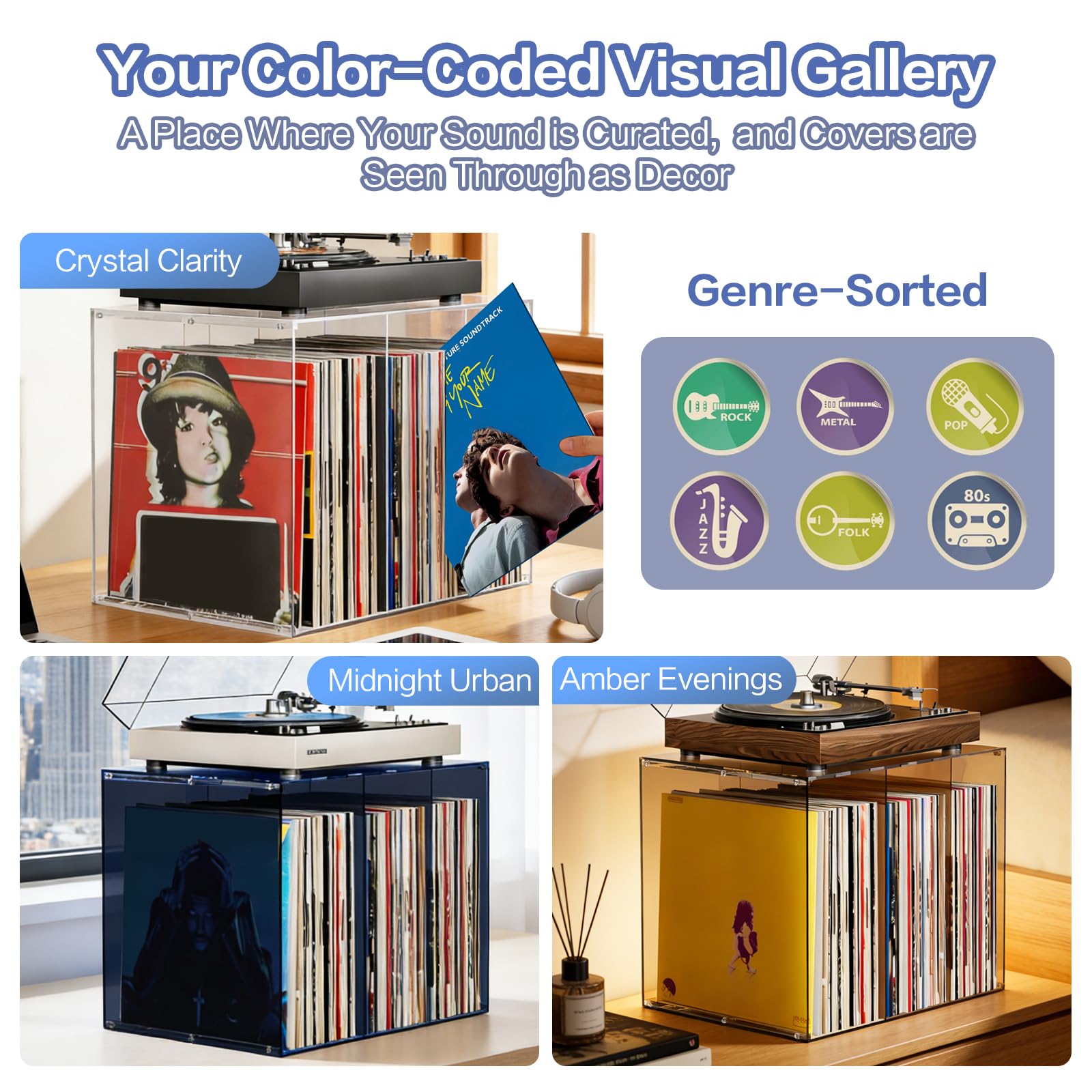 Bikoney Przechowywanie Płyt Winylowych, Akrylowy Stojak Możliwy do Układania w Stosy, Organizer na 50+ Albumów, Przezroczysty Pojemnik na Winyle 12" i 7", Crystal Clear Gramofon Stół z Akrylu