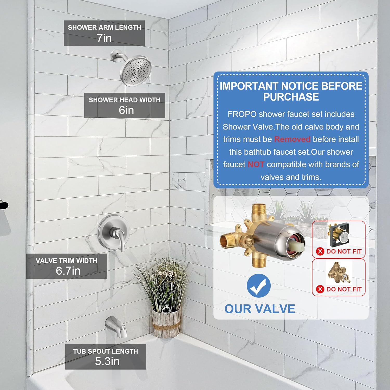 Tub Shower Faucet Set with Valve, Tub and Shower Faucet Set Complete Brushed Nickel, Single-Handle Tub and Shower Trim Kit with High-Pressure 6 Inch Rain Shower Head and Tub Spout