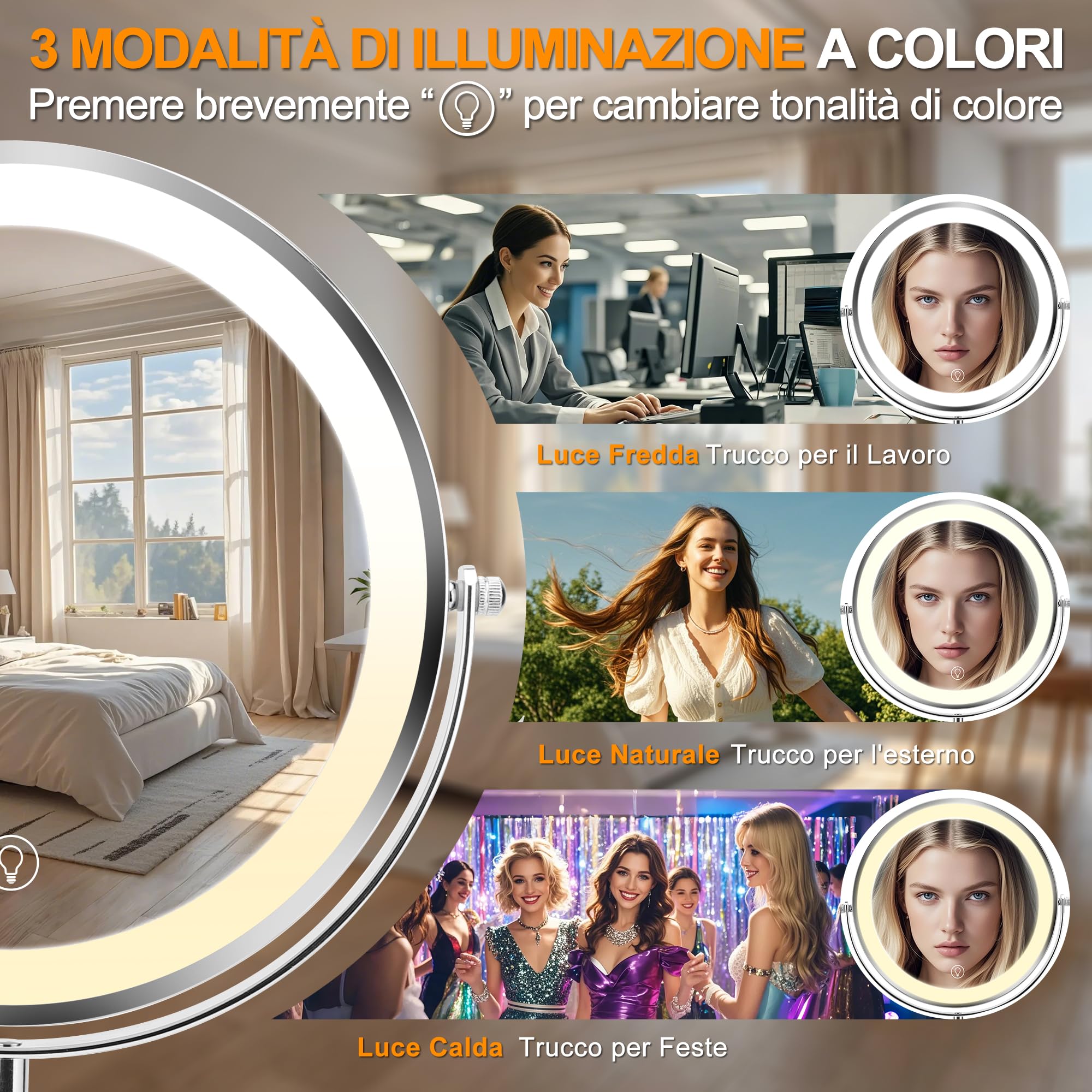 Specchio Trucco Con Luci, Specchio Ingranditore 10x Rotazione A 360° Con 3 Luci Colorate Luminosità Regolabile, Specchio Trucco Con Bifacciale Per La Cura Personale E Il Trucco