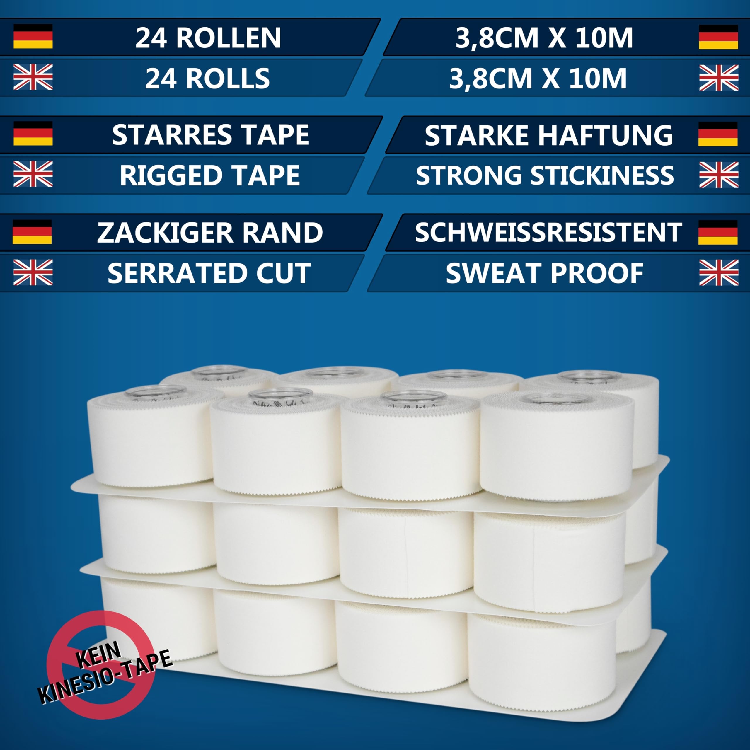 HELETIC Sporttape 3,8cm x 10m - Athlete Pro | unelastisches, starres Tape mit extra starker Haftung, Plastikkern und schweißresistent