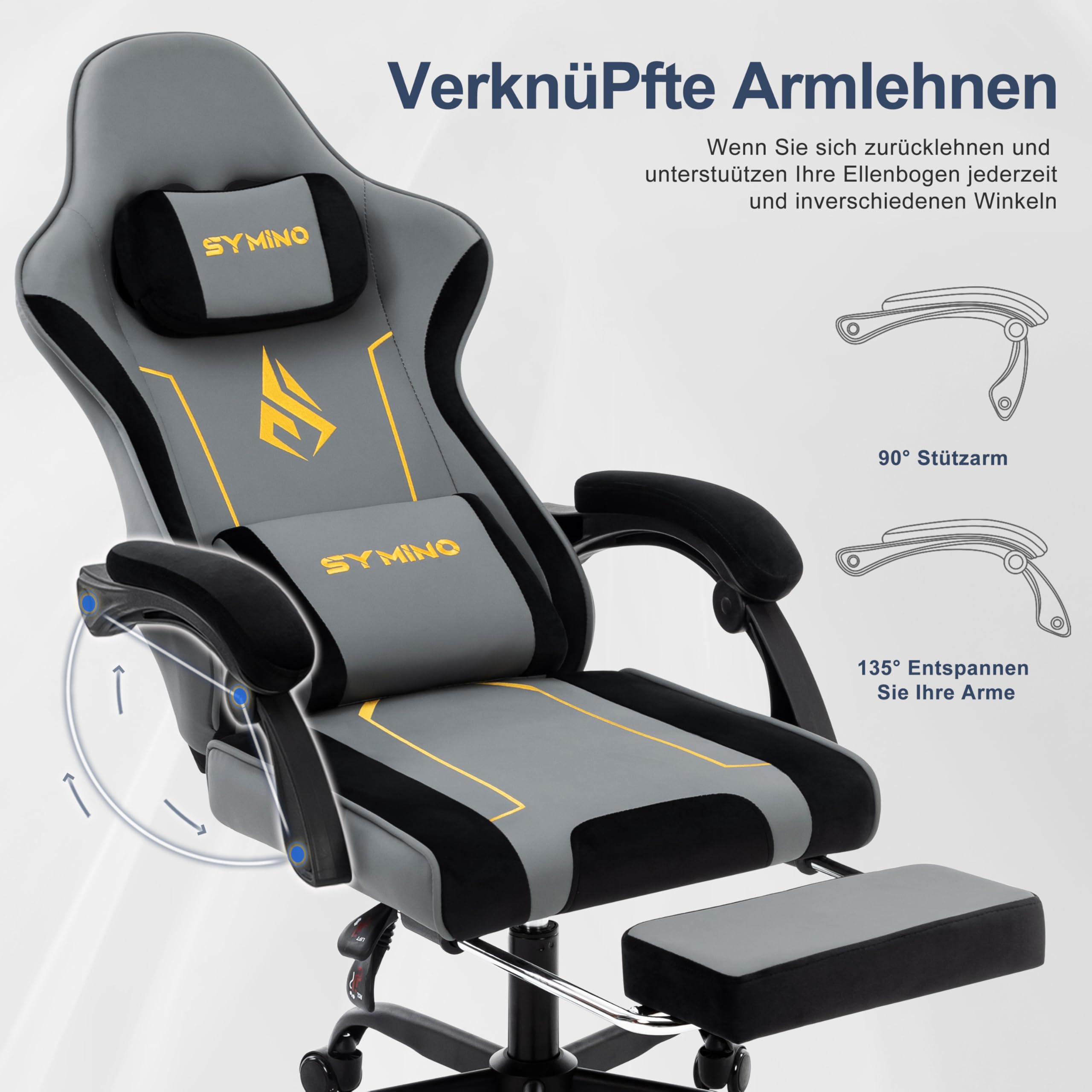 Symino Gaming Stuhl mit Latex Rückenlehne und Sitzkissen, Ergonomischer Bürostuhl, Rennstuhl-Design PC Stuhl, Verstellbarer Drehbarer Task Stühle mit Fußstütze 130kg, Grau-Schwarz
