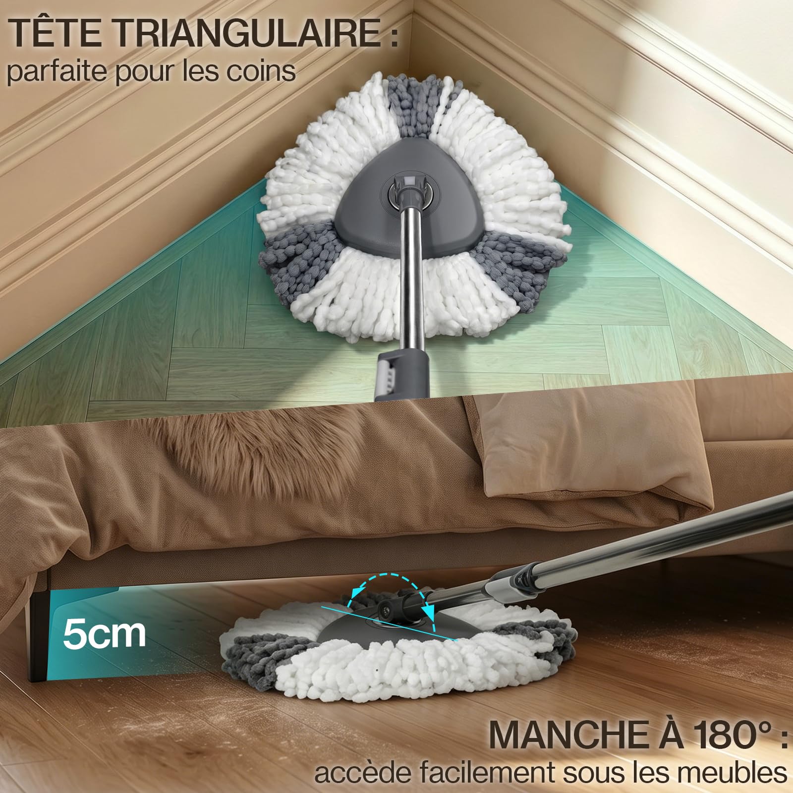 MASTERTOP Ensemble Balai Serpillère et Seau Essoreur - Eau Propre/Eau Sale | Essorage Par Pression, Manche Télescopique Réglable, Tête Rotative à 360° - 2 Housses Microfibres Lavables
