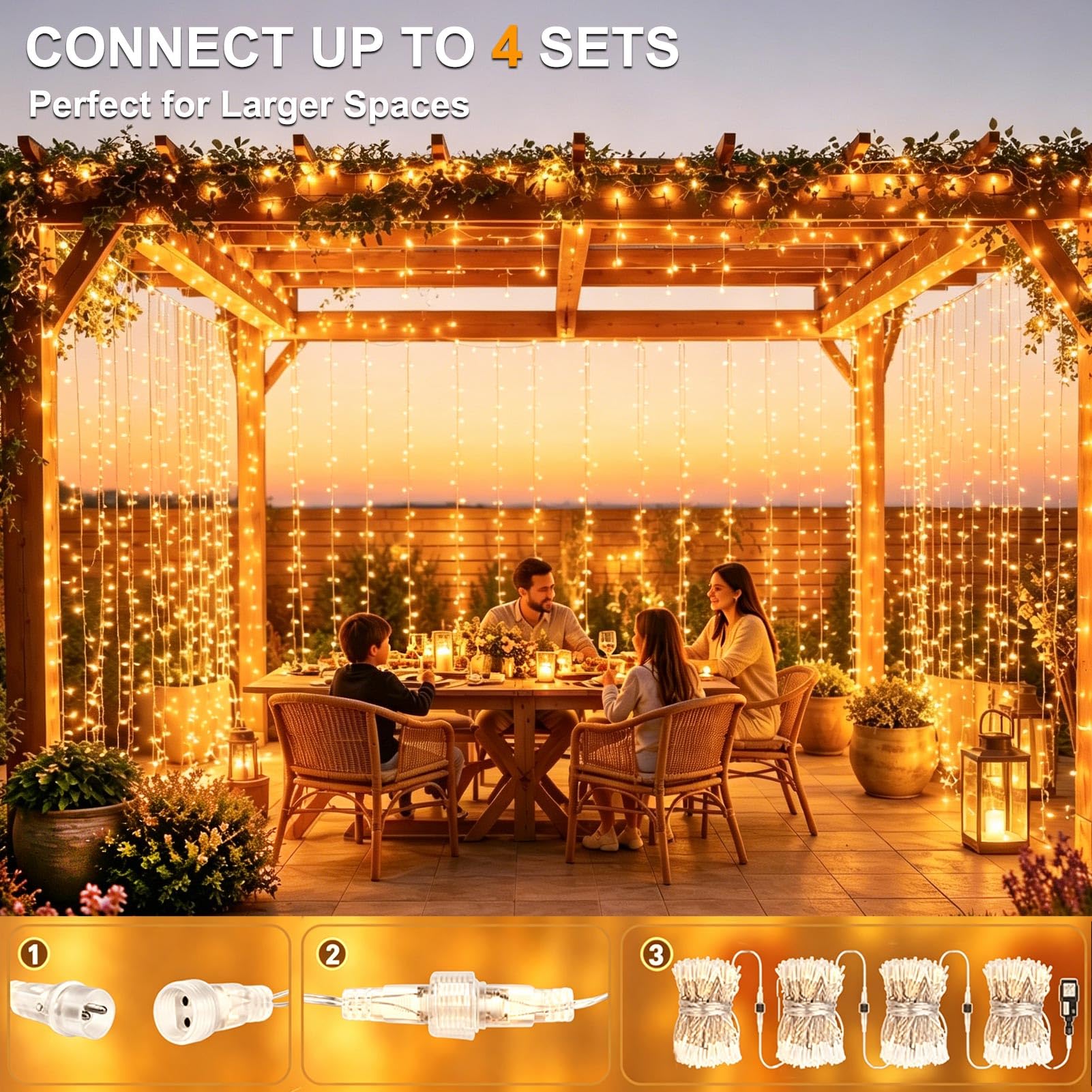 Rideau Lumineux 2 Pièces 3m x 3m 300 LED Guirlande Lumineuse Extérieur | Transformateur, Étanche 8 Modes & Timer Rideau LED Décoration Intérieur Fenêtre Chambre Mariage Fête Pergola Blanc Chaud