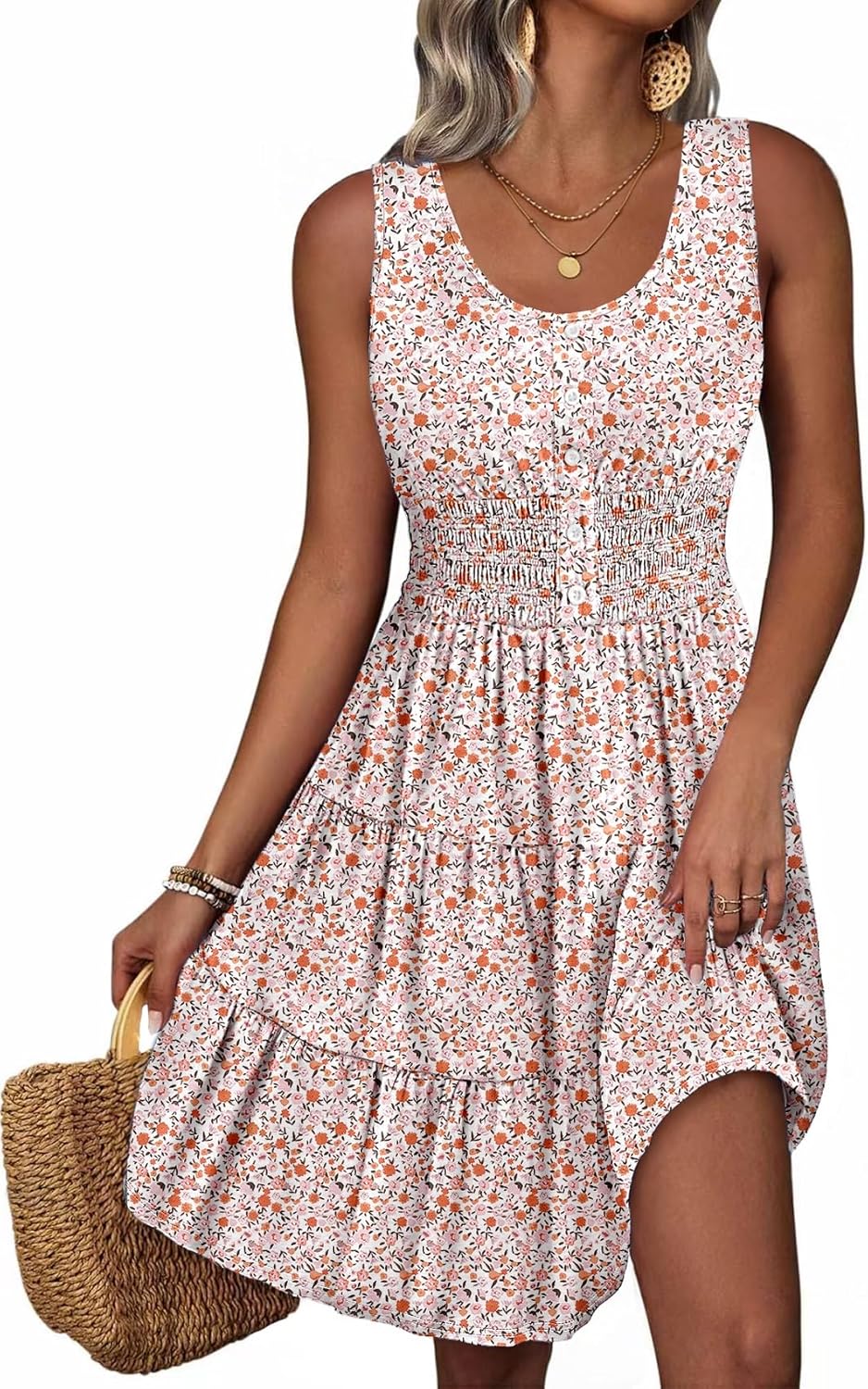 Yandino Summer Dresses for Women Casual Sleeveless Sundresses Elastic Waist Mini Sun Dress