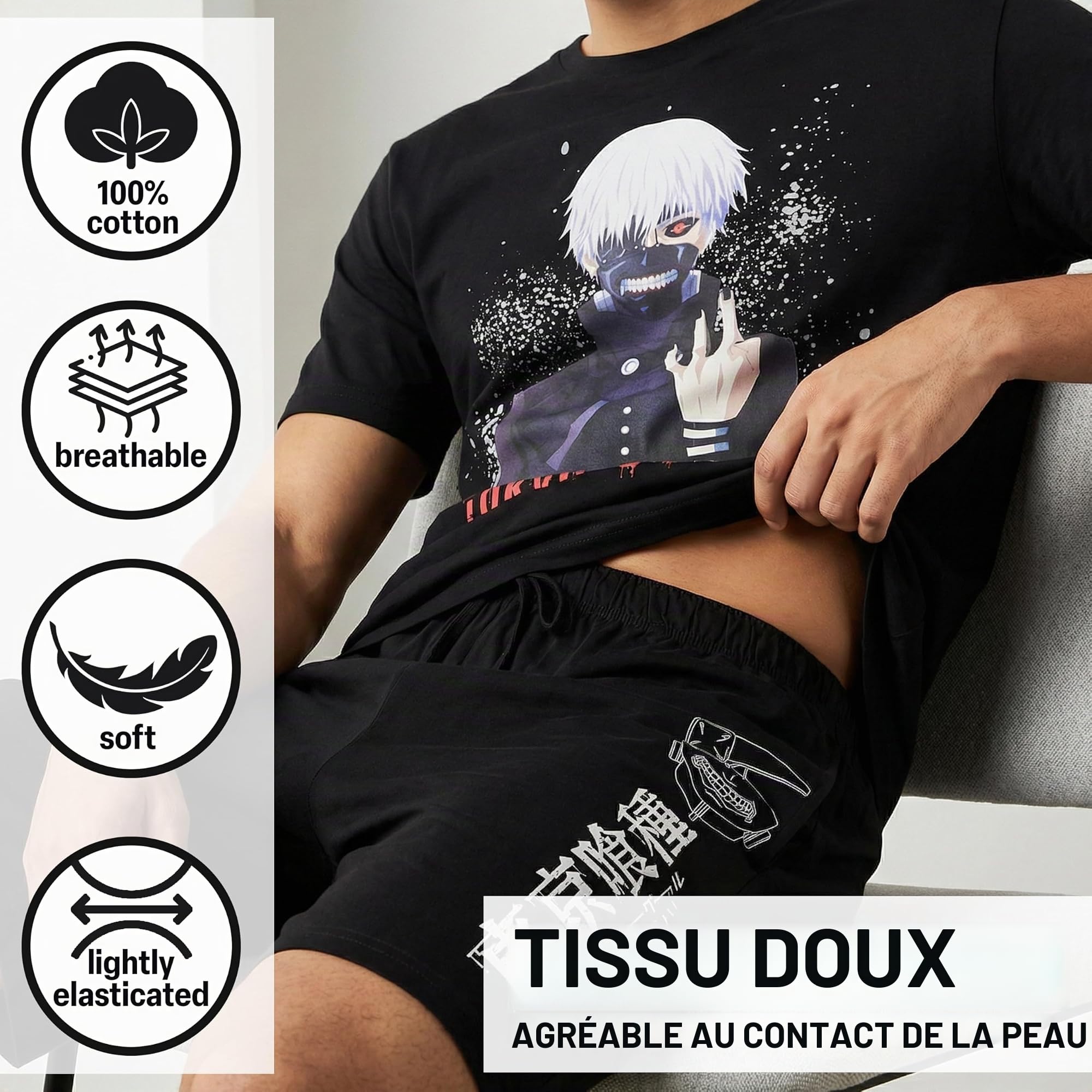 Get Trend Attack on Titan | Death Note | Tokyo Ghoul Pyjama Homme XS-XL, Pyjama Homme Court Coton avec T-Shirt et Short, Ensemble Pyjama Homme Été, Idée Cadeau Anime