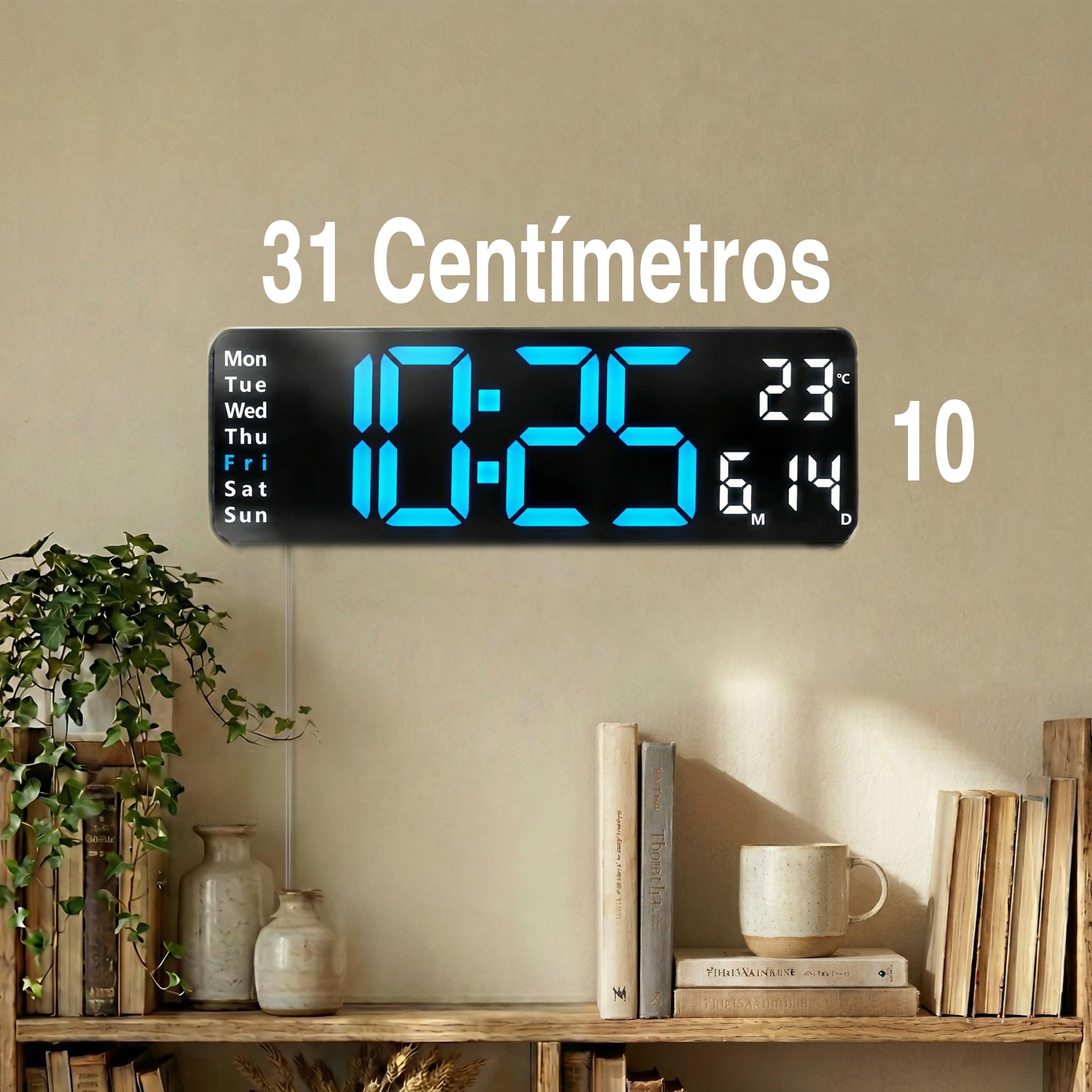 Opis Technology Clock 1 XL – Reloj Digital Pared Grande LED (31cm), Azul/Blanco. Funciona con Cable (No a Pilas). con Mando, Temperatura y Brillo Automático