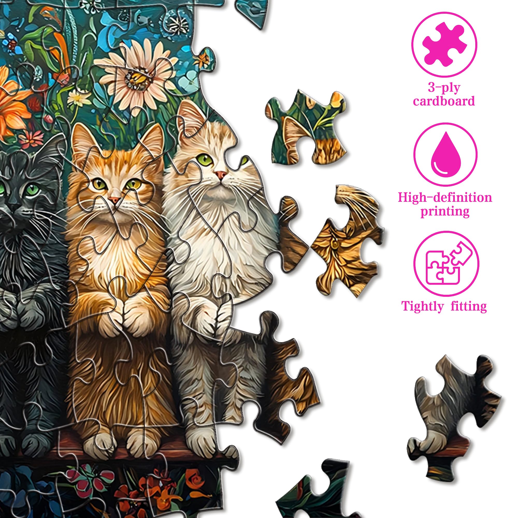 Ginfonr 1000 Piece Jigsaw Puzzles for Adults 《CAT'S VISIT》Irregular Shaped Pieces for Challenging Fun No Dust Classic Animal Puzzle - Image 4