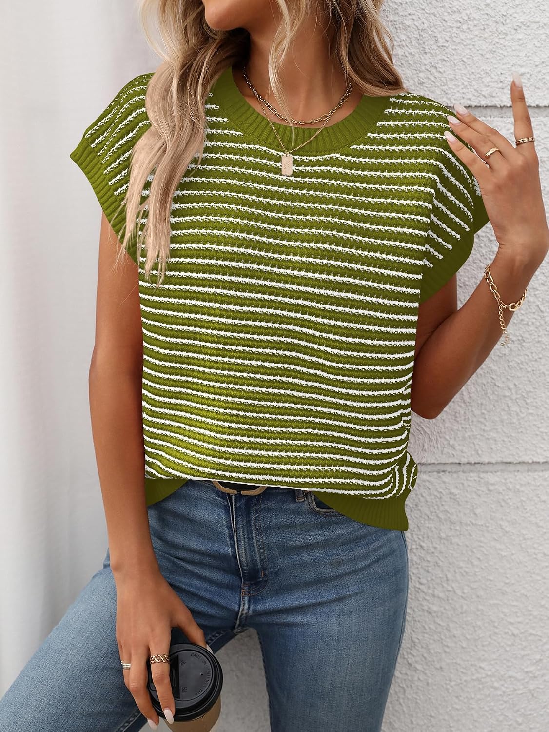 Women's Cap Sleeve Sweater Vest Short Sleeve Striped Spring Tops Cute Sleeveless Summer Knit Shirt