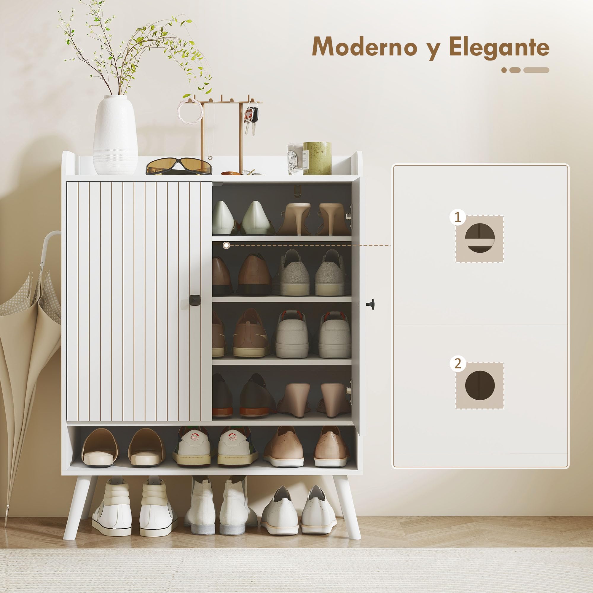 HOMCOM Zapatero de 2 Puertas en Lamas para 15 Pares 75x35x97 cm Blanco | Zapatero Entrada Recibidor, Estantes Ajustables, Compartimento Abierto