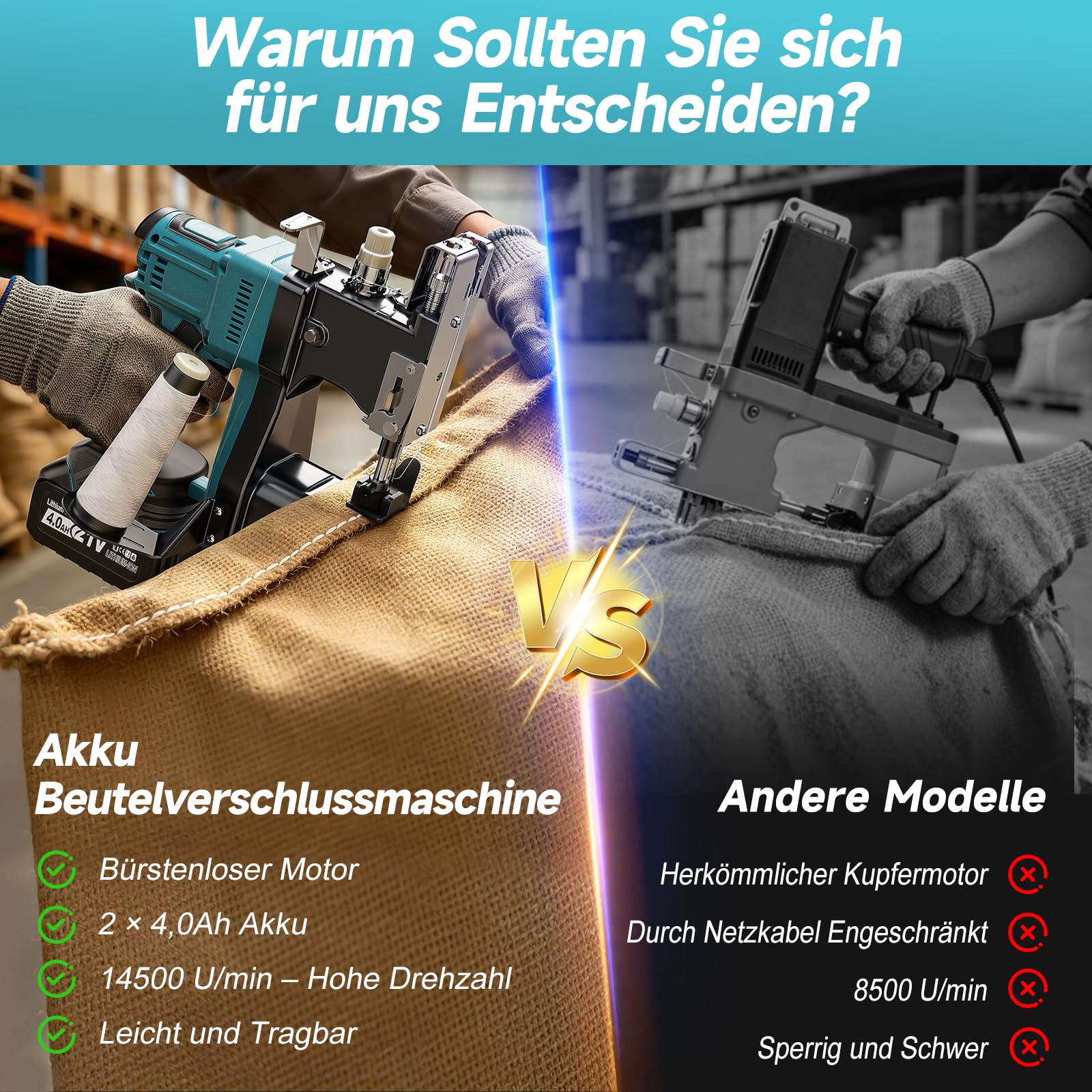 Yofuly Elektrische Sacknähmaschine Kompatibel mit Makita 18V Akku, Tragbare Nähmaschine mit 2 * 4.0Ah Akku, Nähstärke 0.1–10mm mit Automatischem, Handnähmaschine für Sandsack,Gewebesack,Getreidesack