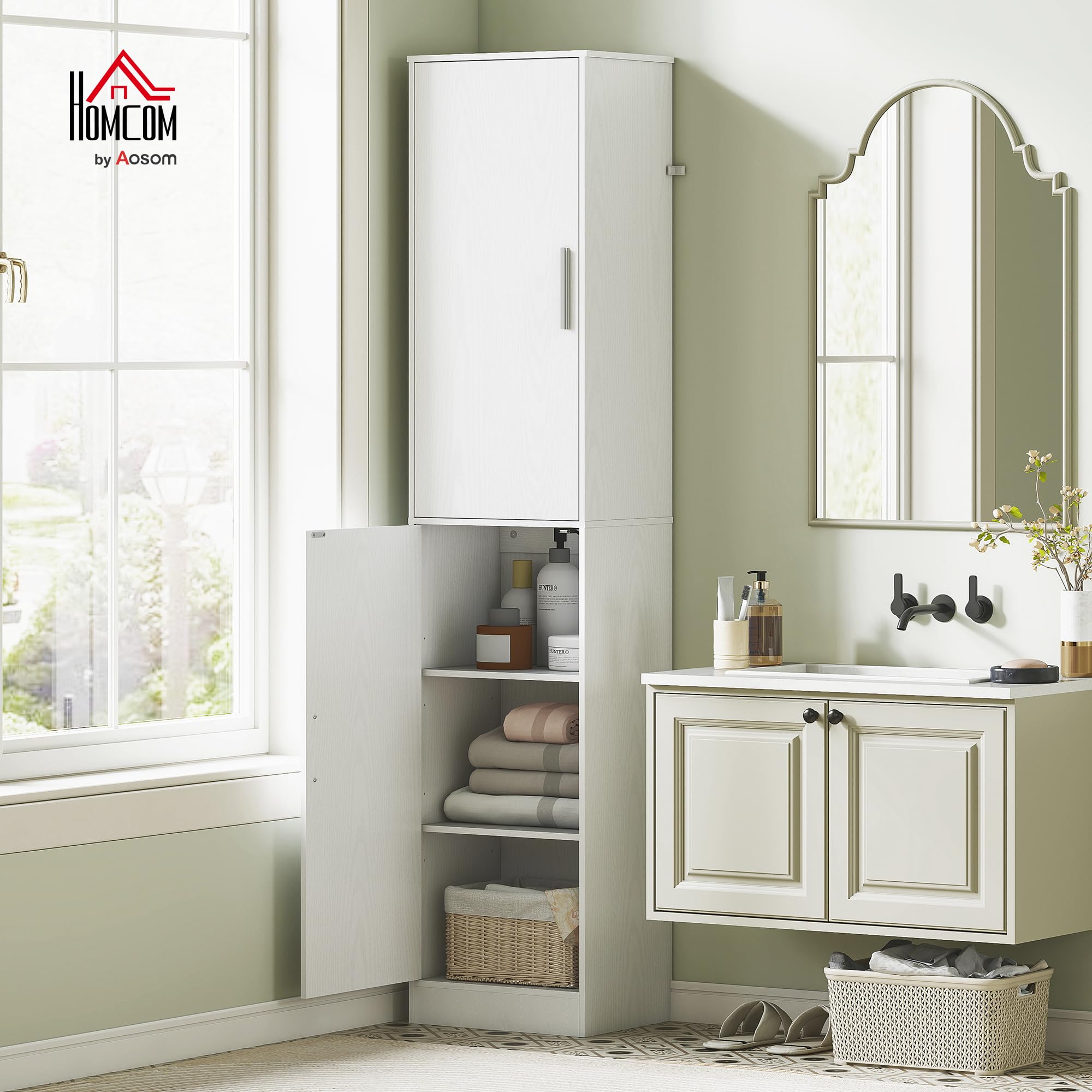 HOMCOM Mobile Bagno con 2 Armadietti e Ante, Colonna Bagno Salvaspazio con Ripiani Regolabili, per Sala da Pranzo, Salotto, Soggiorno, Cucina, 40x35x180 cm, Bianco