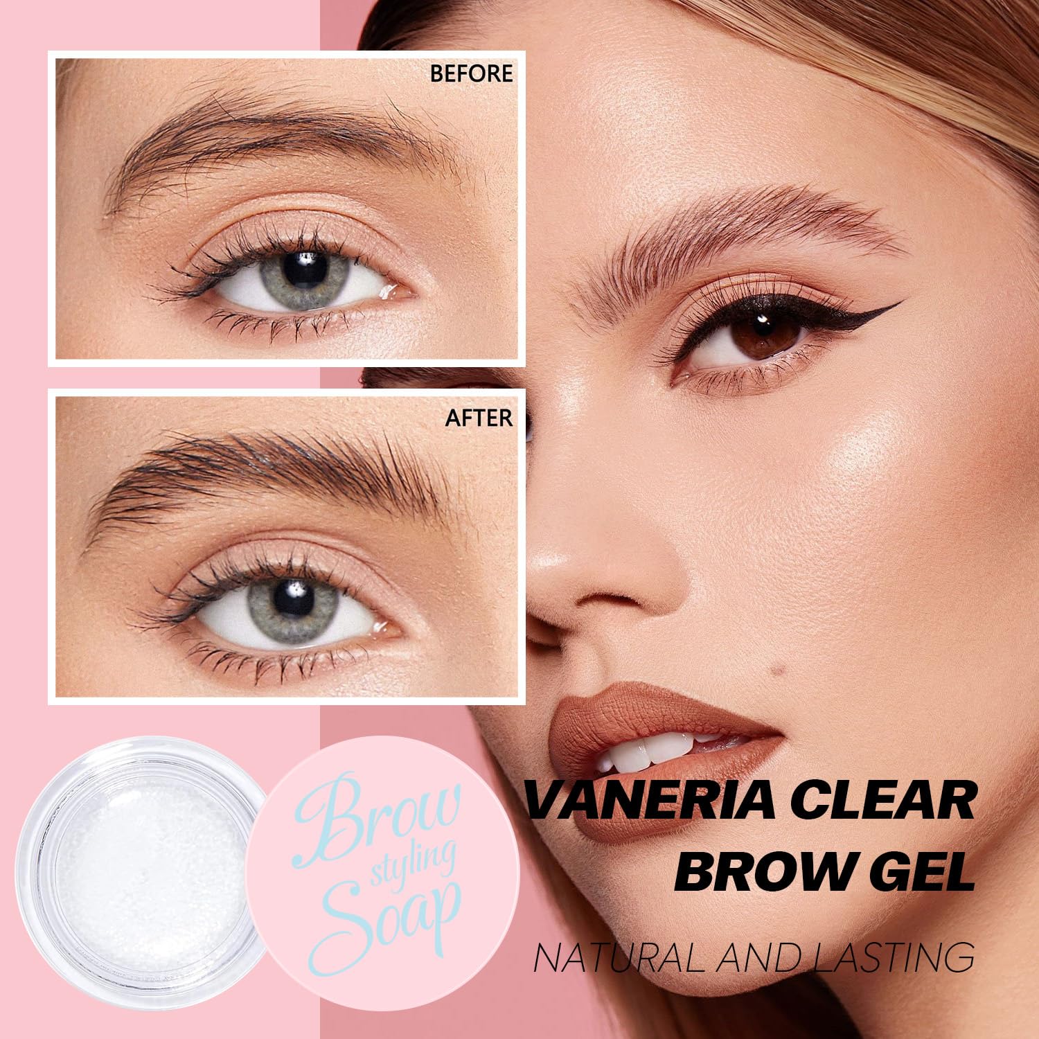 VANERIA Eyebrow Gel Clear,Brow Soap,Eyebrow Brush With Double Head,Clear Eyebrow Setting Gel for Feathery & Fluffy & Brow Freeze,Long Lasting Waterproof.14g