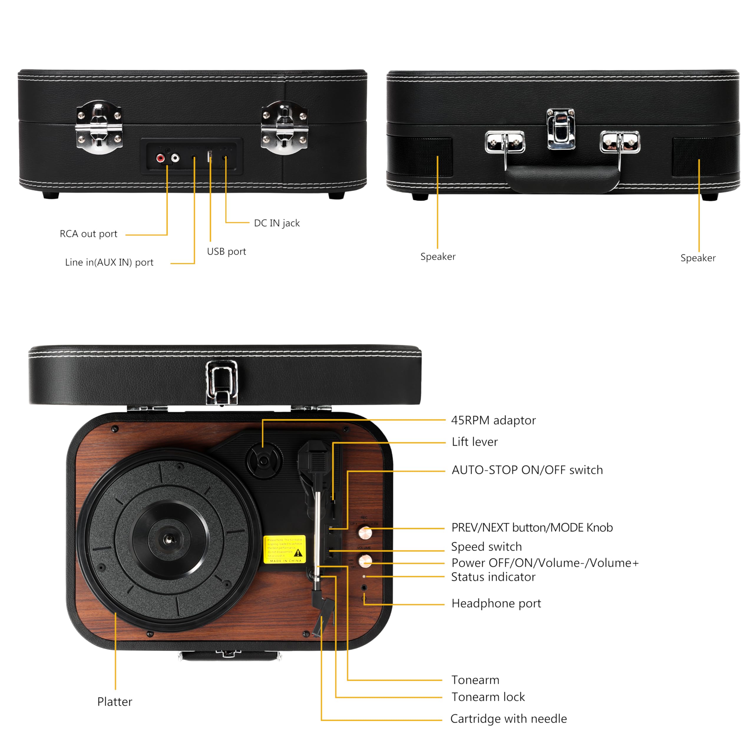 Giradischi Vinile, VOKSUN Giradischi Portatile Vintage con Altoparlanti Incorporati, Bluetooth In/Out Lettore LP Vinile con 3 Velocità, Valigia USB, In AUX, Linea RCA, Jack Cuffie, Auto-Stop (Nero)