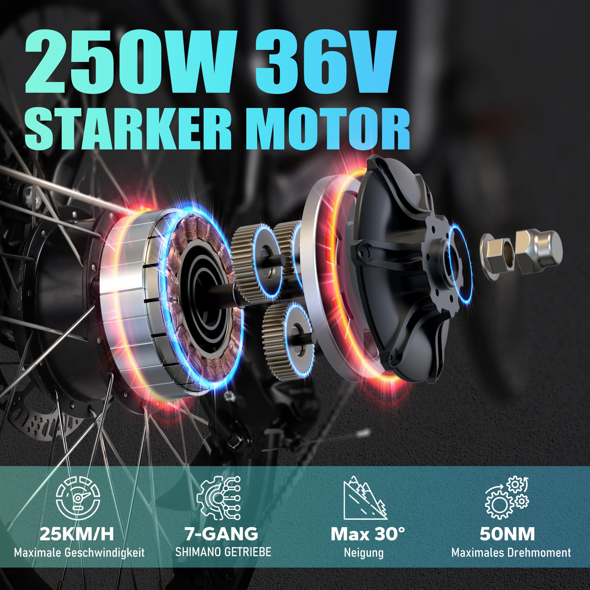 SPATIAL E Bike Klappard, 20-calowy rower elektryczny, 40NM 250W silnik 36V 374.4Wh bateria, 7-biegowy wyświetlacz LCD zmiany, męski miasto Ebike