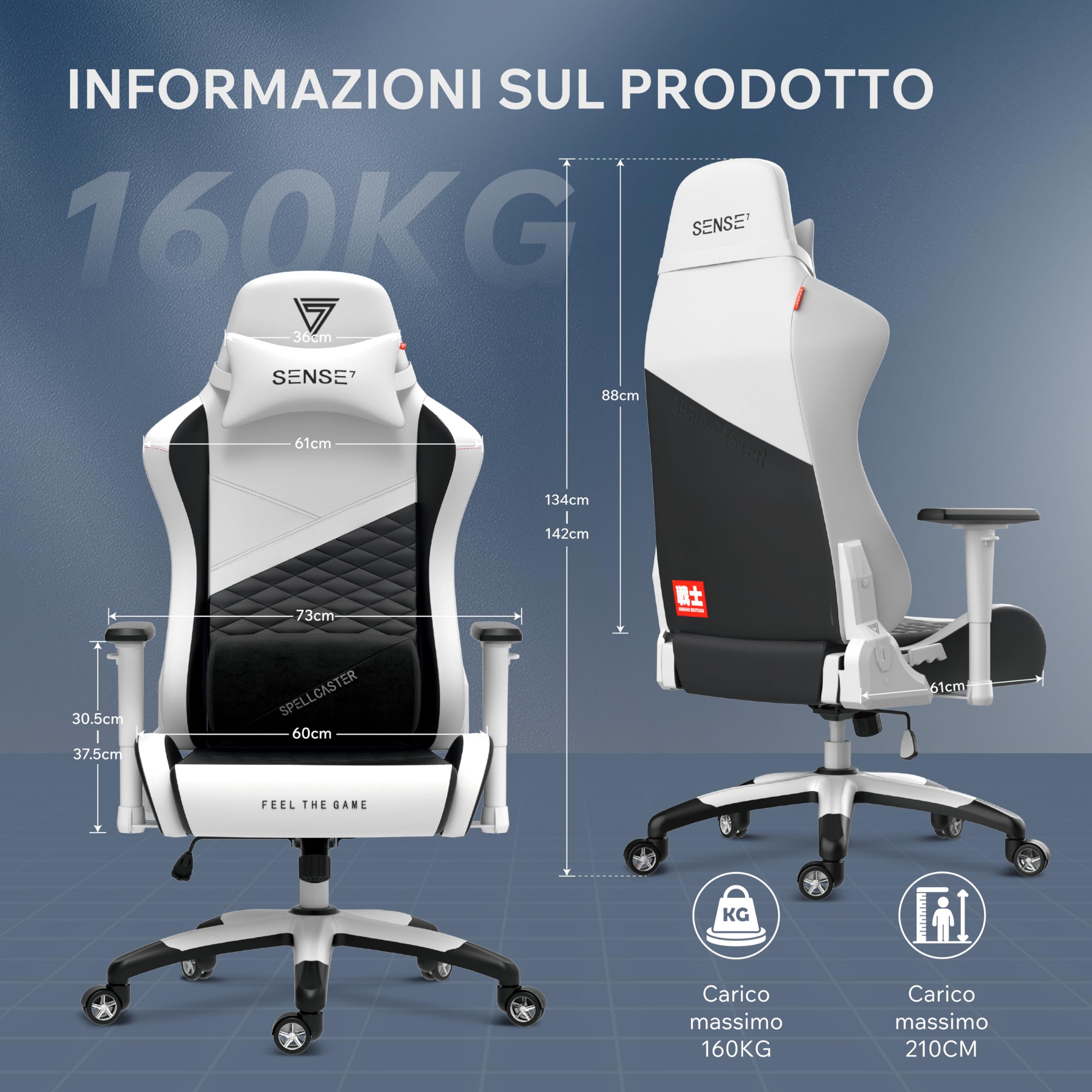 SENSE7 Poltrona da gioco Spellcaster Edizione Senshi XL, ergonomico, cuscini lombari regolabili, inclinazione regolabile, funzione di oscillazione, sedia da gioco in similpelle, 150kg, sedia PC bianca
