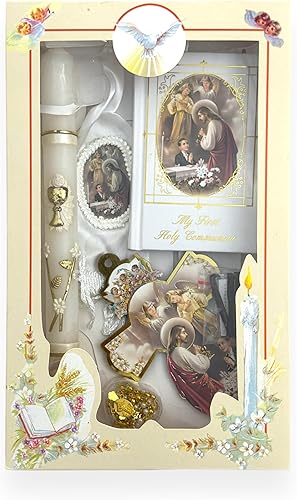 Juego de 6 velas completas de regalo para la primera comunión para niños, recuerdo de cruz en rosario inglés en caja