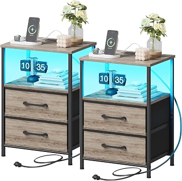 TRIFEBLE Nightstands Set of 2, Night Stand with Charging Station and Led Lights, Bedside Table with 2 Fabric Drawers for Bedroom, Small Side End Table with Open Shelf, Greige