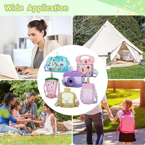 Miniatura 6 de DIMEGON 6 botellas de agua de plástico a prueba de fugas con correas ajustables, botellas creativas con pajitas para la escuela, campamento, viajes,