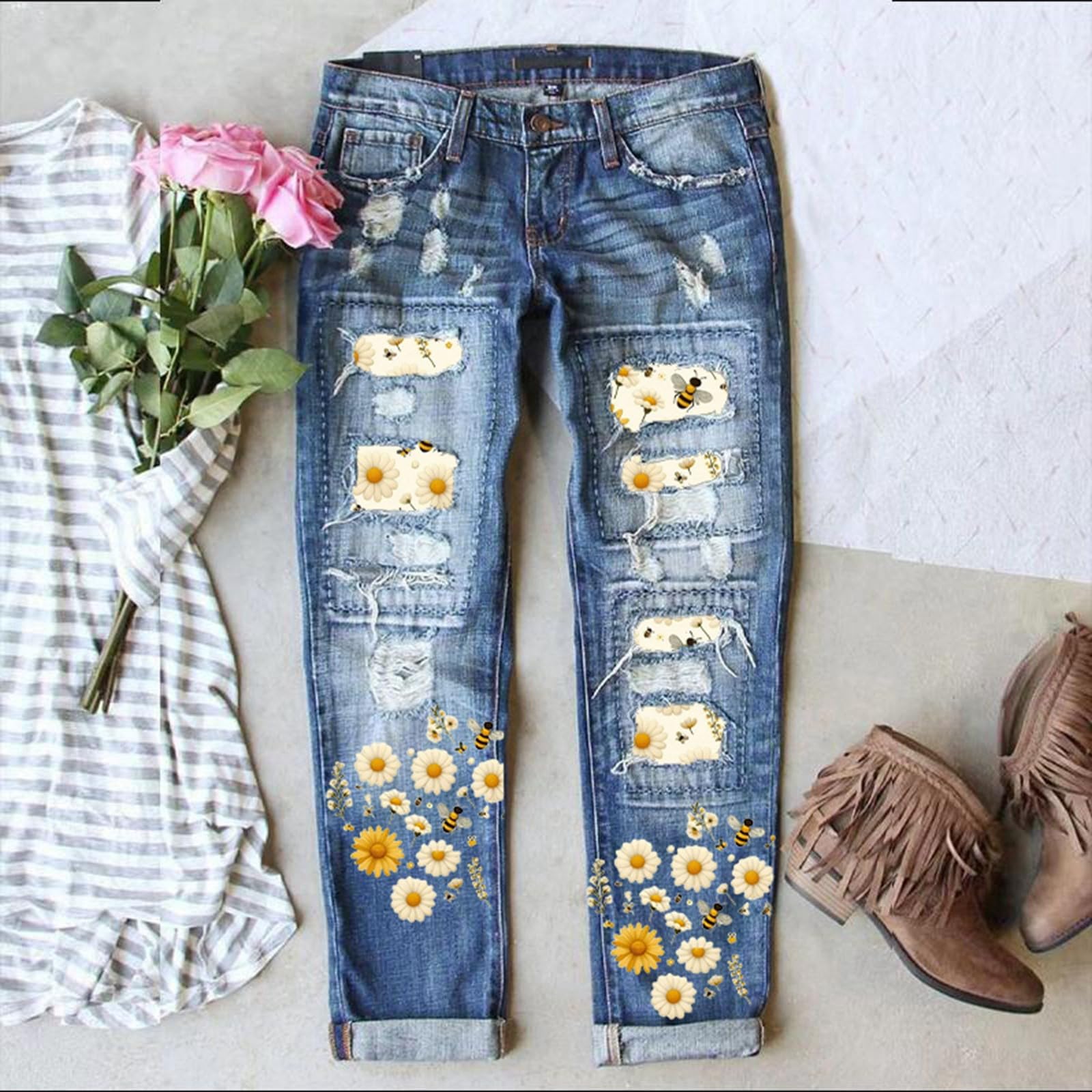 Genérico Pantalones Cortos Vaqueros para Mujer Elásticos Bolsillos Comodos Bootcut Bolsillo Deportes Campana Elefante de con Estampado Floral Moderno y Detalles Roturas en Rodilla Ajustados Elegantes