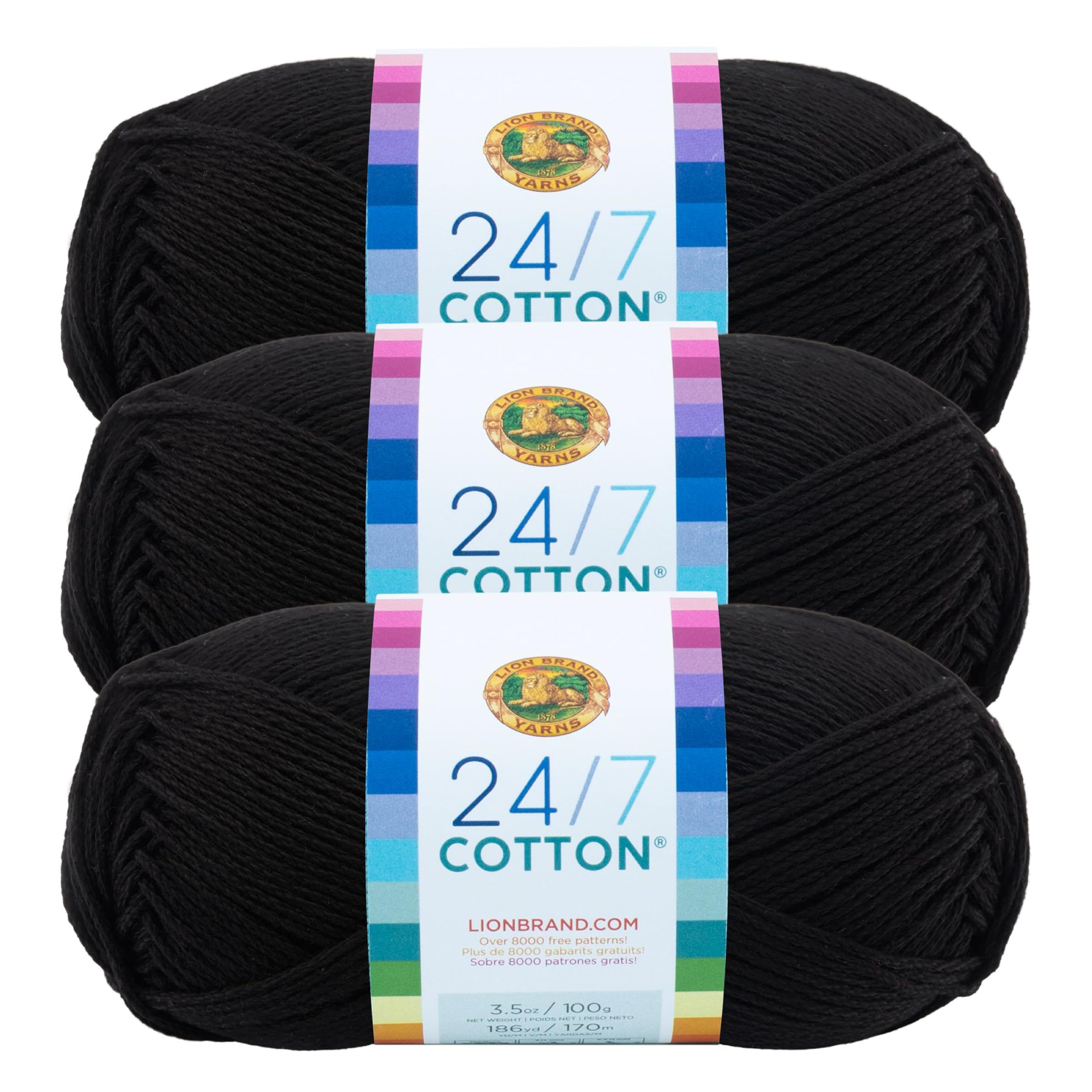 Lion Brand Yarn Lightweight 24/7 Cotton Yarn for Knitting, Crocheting, and Crafts, Black, 3 Pack