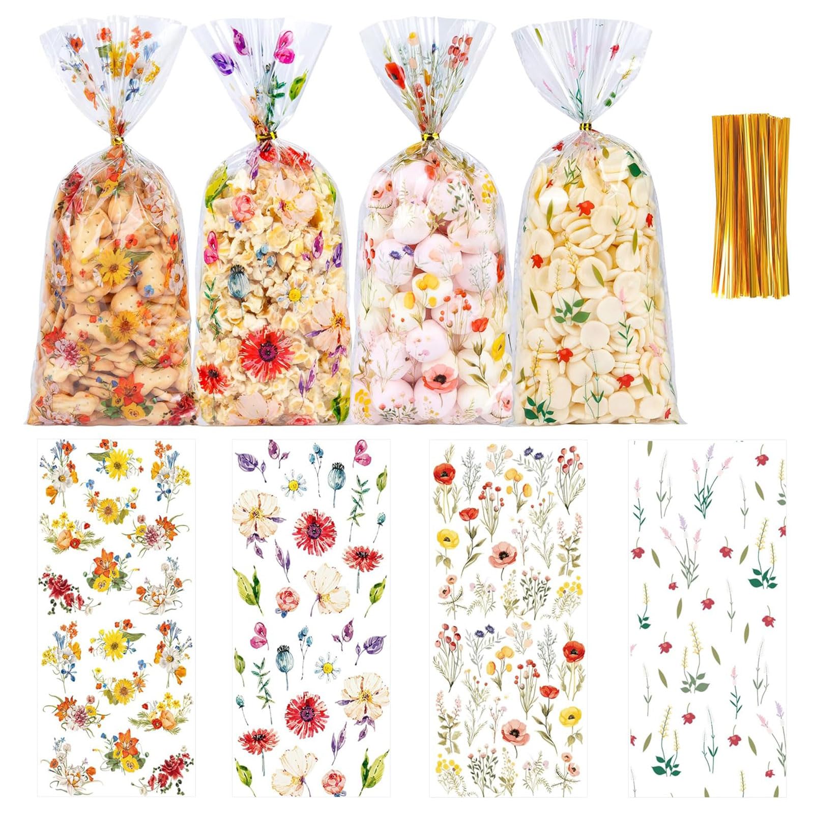 Giyehehi 50 Pack Wildflower Cellophane Bags, Clear Gift Bags with Floral Pattern and Ties for Biscuits, Snacks and Gift Wrapping, Wildflower Sweet Bags