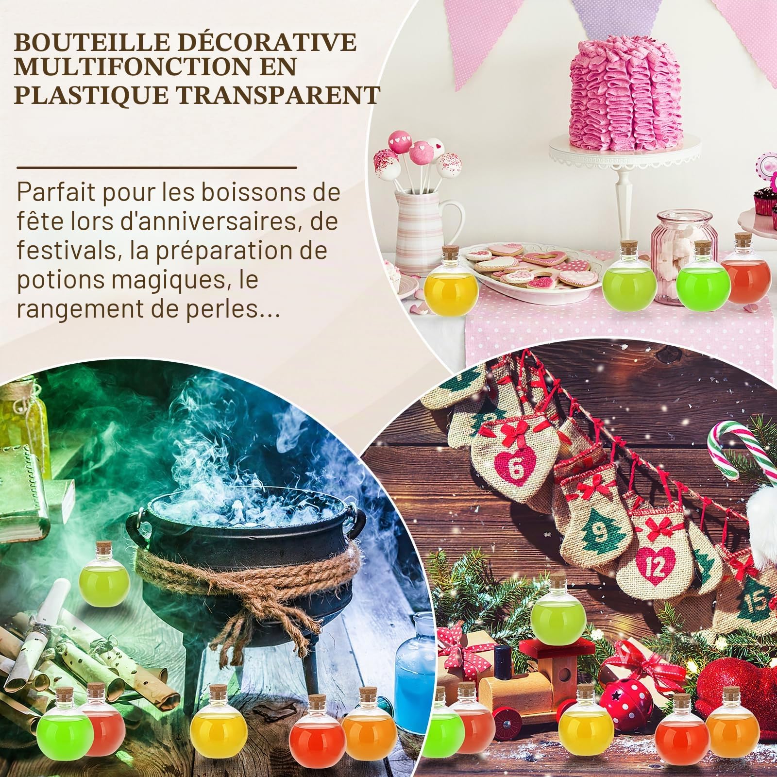 SUMTree Lot de 26 bouteilles de potion en plastique en forme de boule de 200 ml avec bouchon en liège, bouteilles de sable transparent avec 5 mini entonnoirs pour boissons de fête, potion magique,