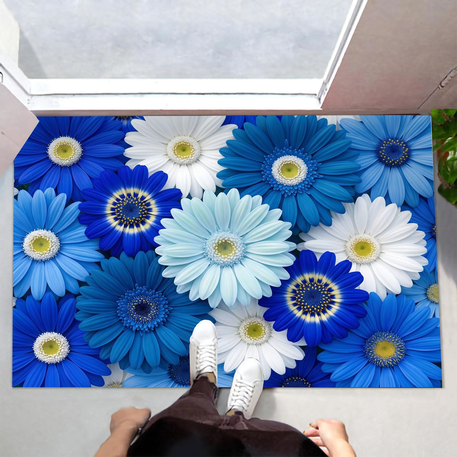 Zerbino Ingresso Interno Gerbera Con Sfumatura Realistica, Zerbino Di Benvenuto Lavabile Morbida Piante Fresche, Antiscivolo Tappeto Da Decorazioni Blu Per Casa Porta, 60X90Cm