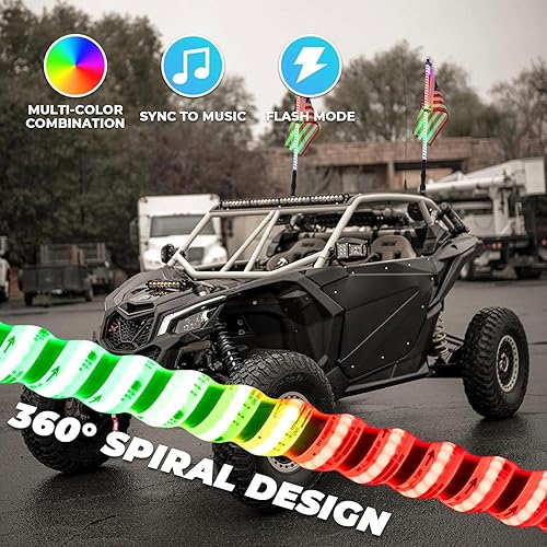 Miniatura 4 de 2 luces LED de látigo de 3 pies con base magnética y base de resorte, Bluetooth y control remoto RGB en espiral de 360, persecución de advertencia