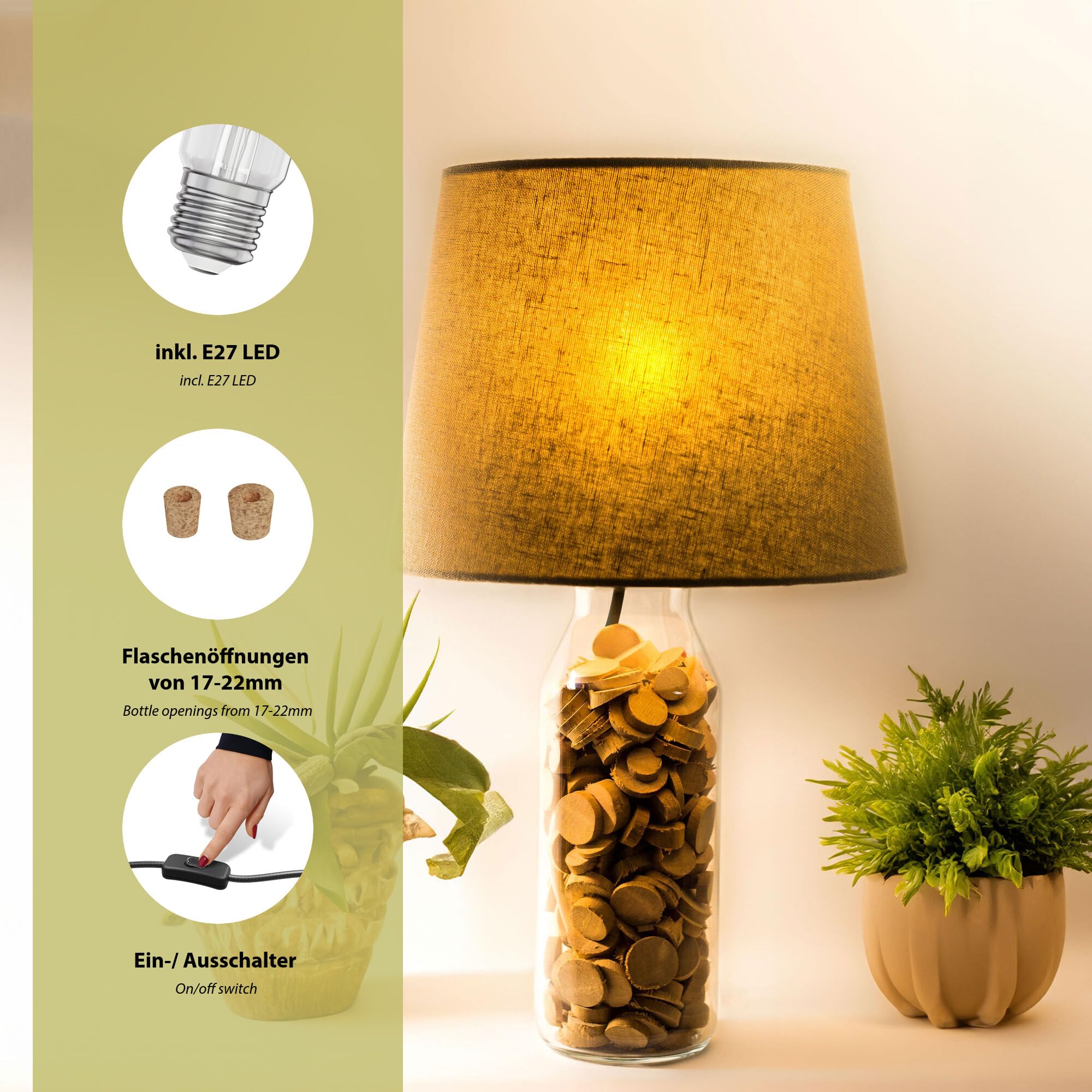 ledscom.de 2 lampade da tavolo FLAKO, cavo in tessuto bianco, paralume bianco, con lampadina LED E27 a 3 intensità inclusa