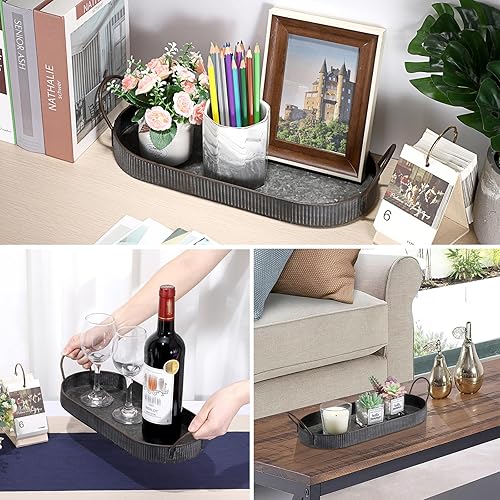 Miniatura 4 de Hipiwe Bandeja ovalada de hierro de metal galvanizado con asa, bandeja de almacenamiento de estilo industrial, bandeja decorativa rústica para mesa