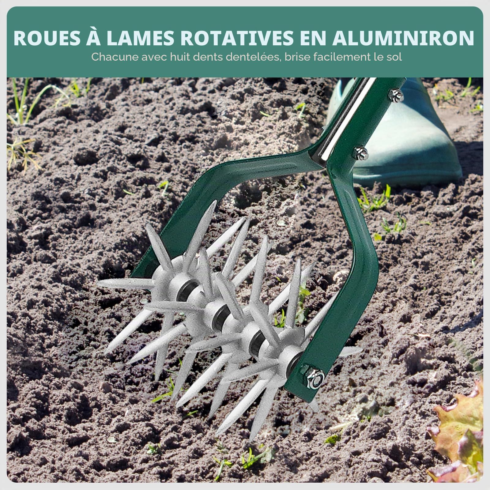 YEELOR Motoculteur de jardin avec manche réglable en acier inoxydable, motoculteur rotatif fin pour le relâchement du sol dans les petits jardins, l'aération de la pelouse, le mélange d'engrais et la