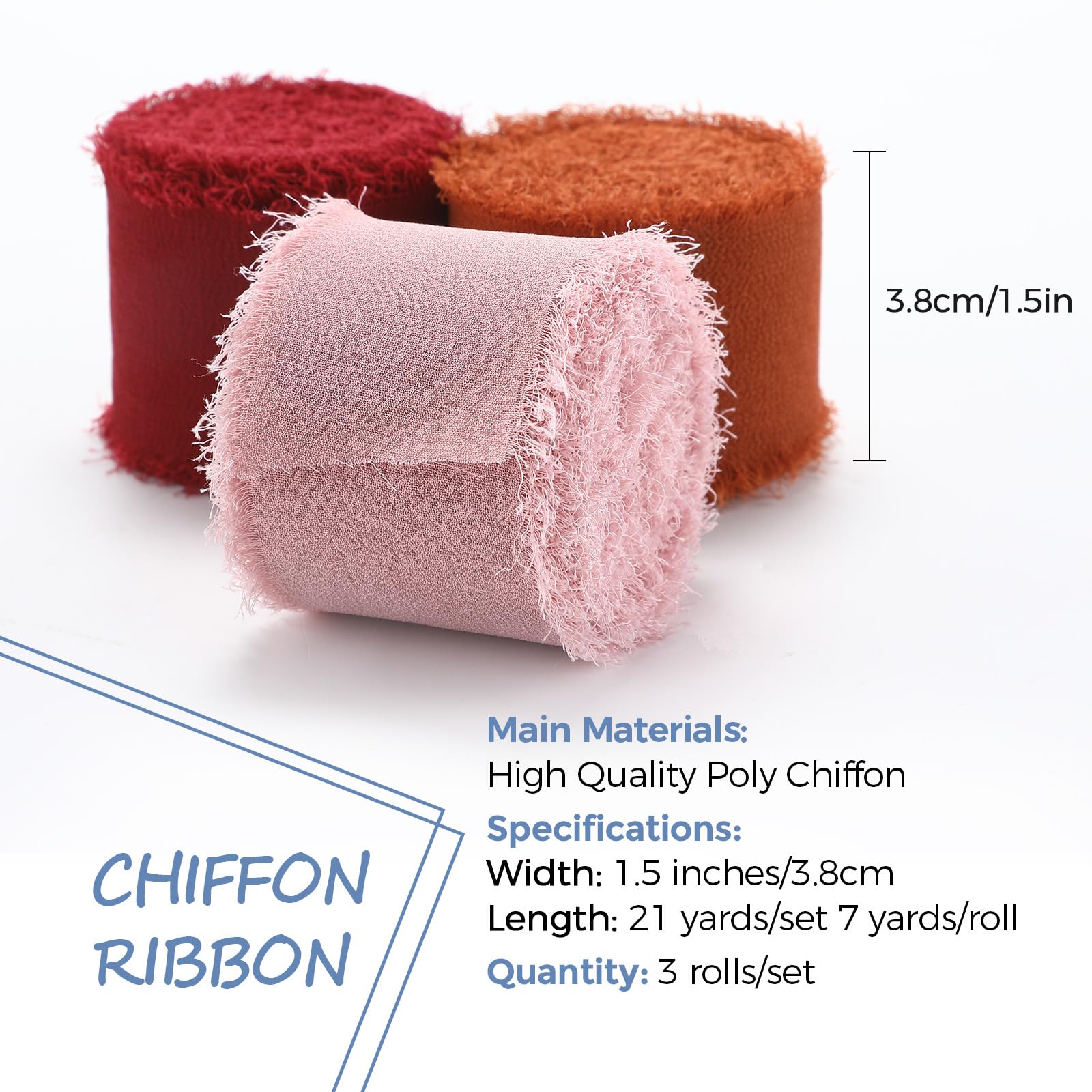 3 Rolls Chiffon Ribbon 1.5x7 Yards - Purple Handmade Fringe Edged Ribbon For Wedding Bouquets & Decor