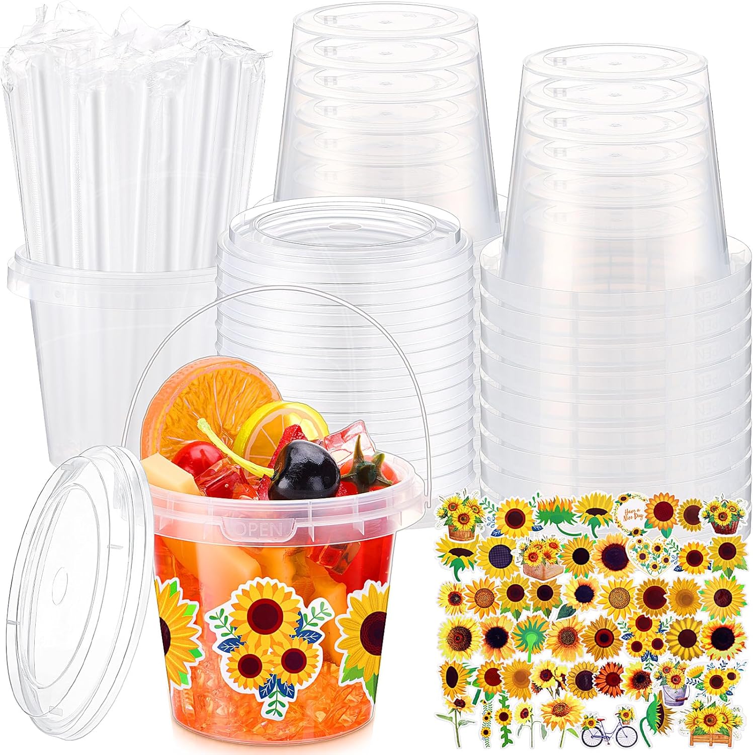 30 Sets Clear Plastic Cups 24 oz Ice Cream Buckets with Lids & Straws Disposable Drink Cups Cocktail Pails Bulk with Handles and Stickers for Outdoor Beach Birthday Pool Party (Sunflower)