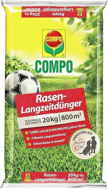 COMPO COMPO Rasendünger mit 3 Monaten Langzeitwirkung für Frühjahr und Sommer - tierfreundlich - Premium Rasen-Langzeitdünger - 20 kg für 800 m² - 20 kg für 800 m² — Saat & Dünger