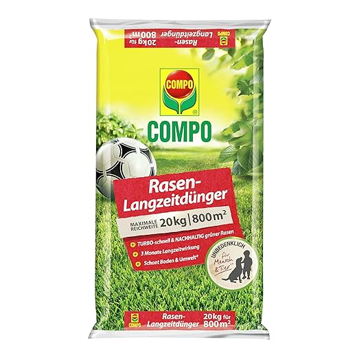 COMPO Rasen-Langzeitdünger, 3 Monate Langzeitwirkung, Rasendünger, Feingranulat, 20 kg, 800 m²