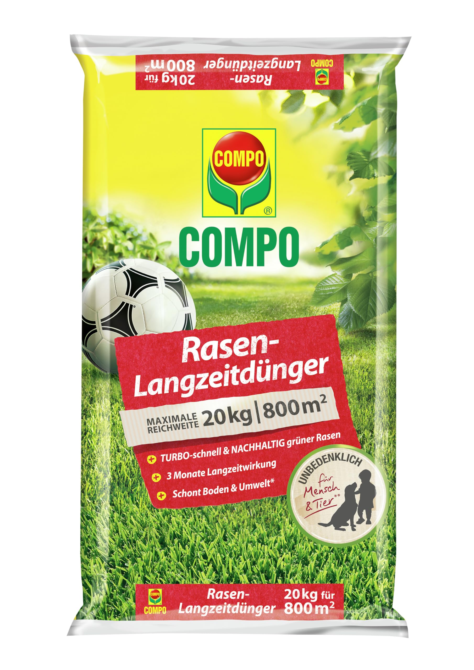 COMPO Rasendünger mit 3 Monaten Langzeitwirkung für Frühjahr und Sommer - tierfreundlich - Premium Rasen-Langzeitdünger - 20 kg für 800 m²,