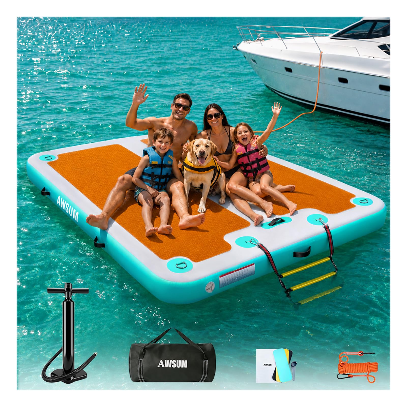 AWSUM Bacino galleggiante gonfiabile, 2,4 m/3 m, superficie antiscivolo in EVA, piattaforma gonfiabile per piscina, spiaggia, oceano