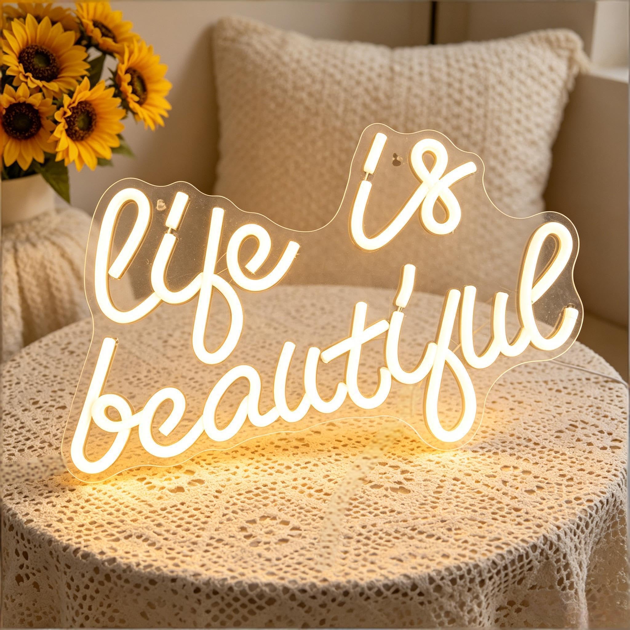 Life is beautiful Neon Sign, USB Powered Decorative Neon Light for Bedroom Living Room Party Home Wall Table Inspiration Warm Theme Decor White LED Letter Light Up Sign, 15 x 9.4 In