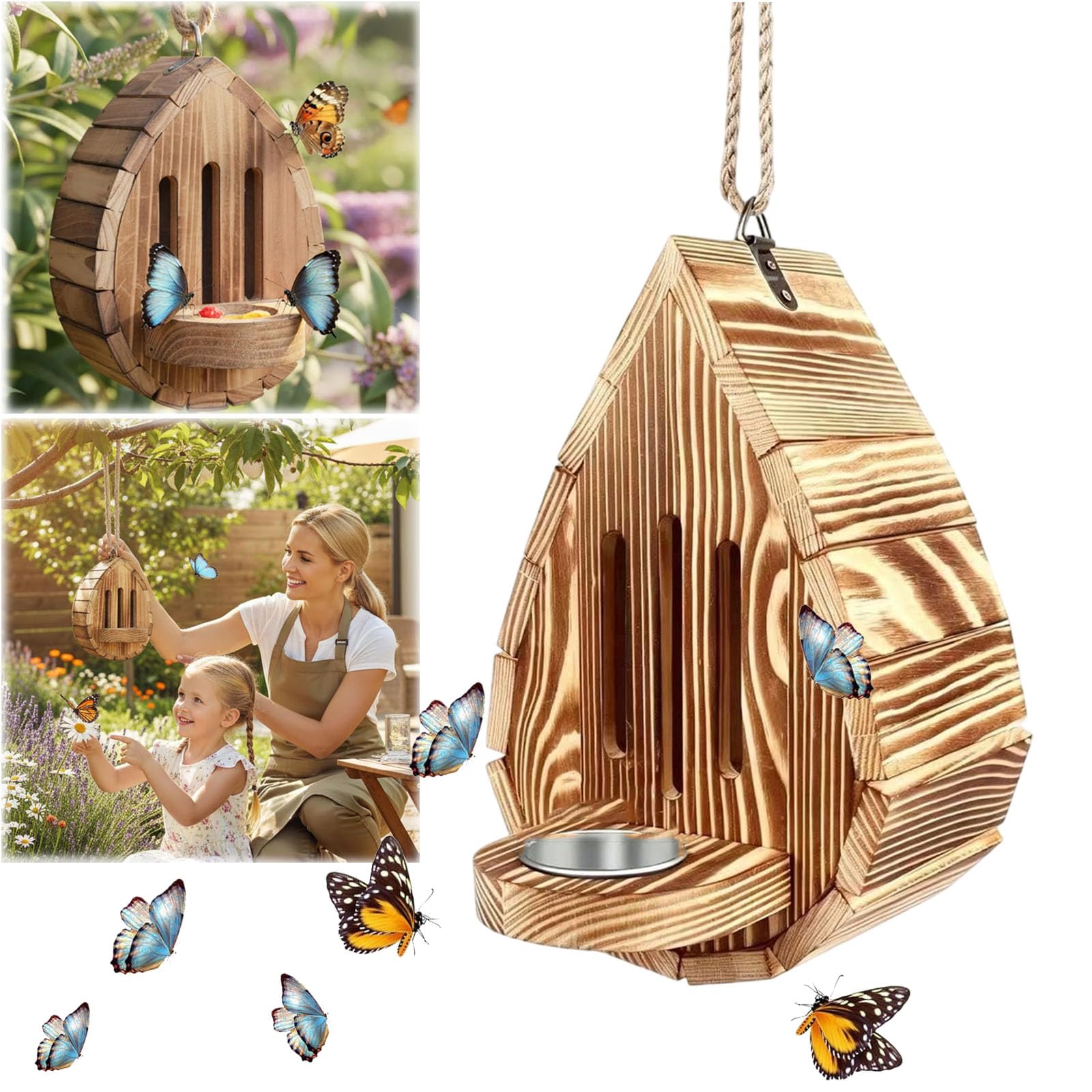 Butterfly House for Garden, Teardrop-Shaped Wooden Butterfly Feeding Station, Outdoor Butterfly House and Feeder for Outside Butterflies, Moths - Backdoor, Easy to Clean (1PC)