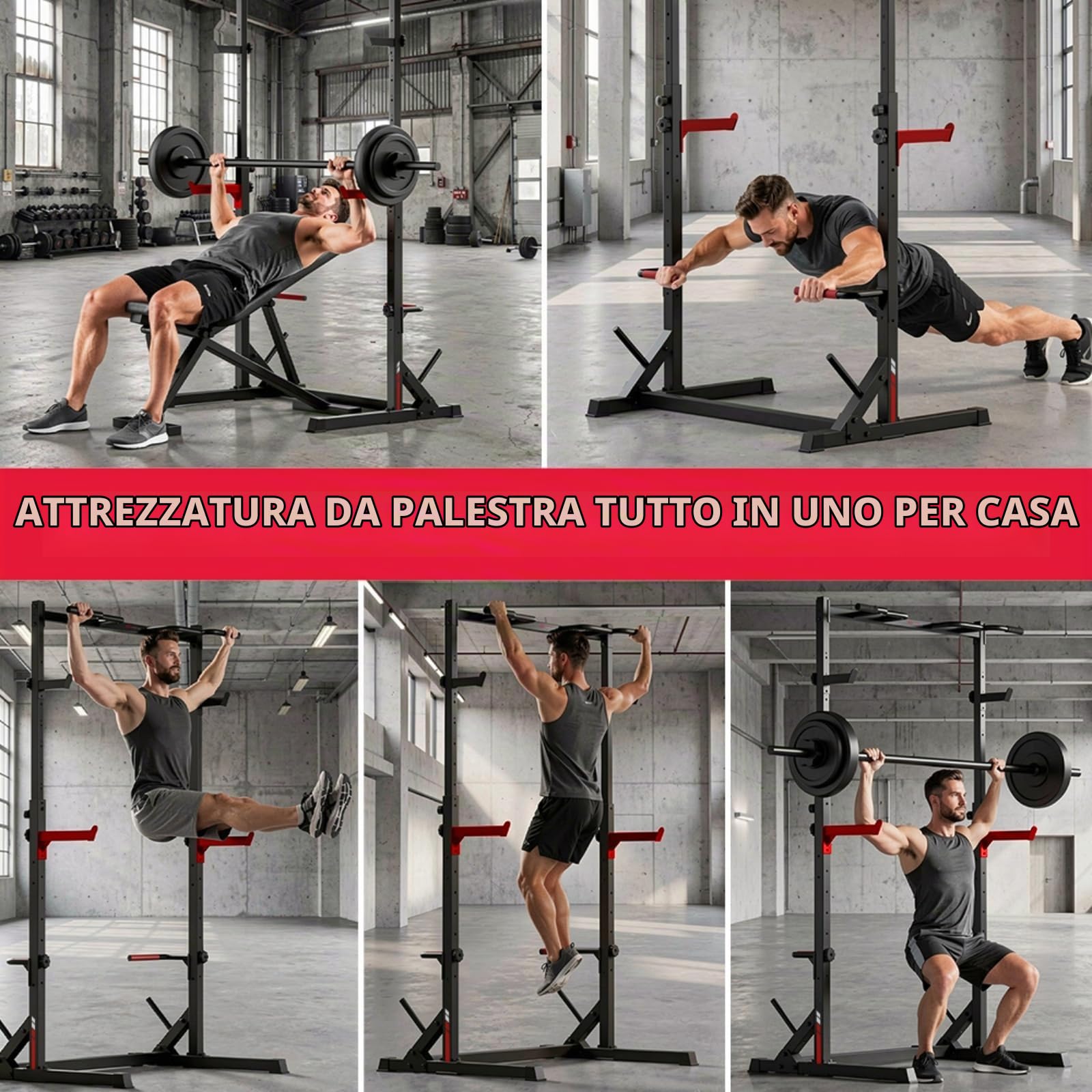 Rack da Squat Multifunzione con Barra per Trazioni, Supporto Regolabile Completo, Portata 300 KG, Gabbia in Acciaio Resistente per Allenamento di Forza a Casa