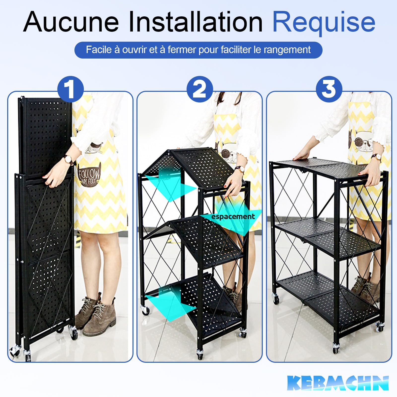 Étagère de Rangement 3 Étage Métallique Pliable avec roulettes, Tablette Autoportante, Chariot de Stockage Pliable 71,5 x 36,5 x 87 cm pour Cuisine, Bureau ou Buanderie (Blanc)