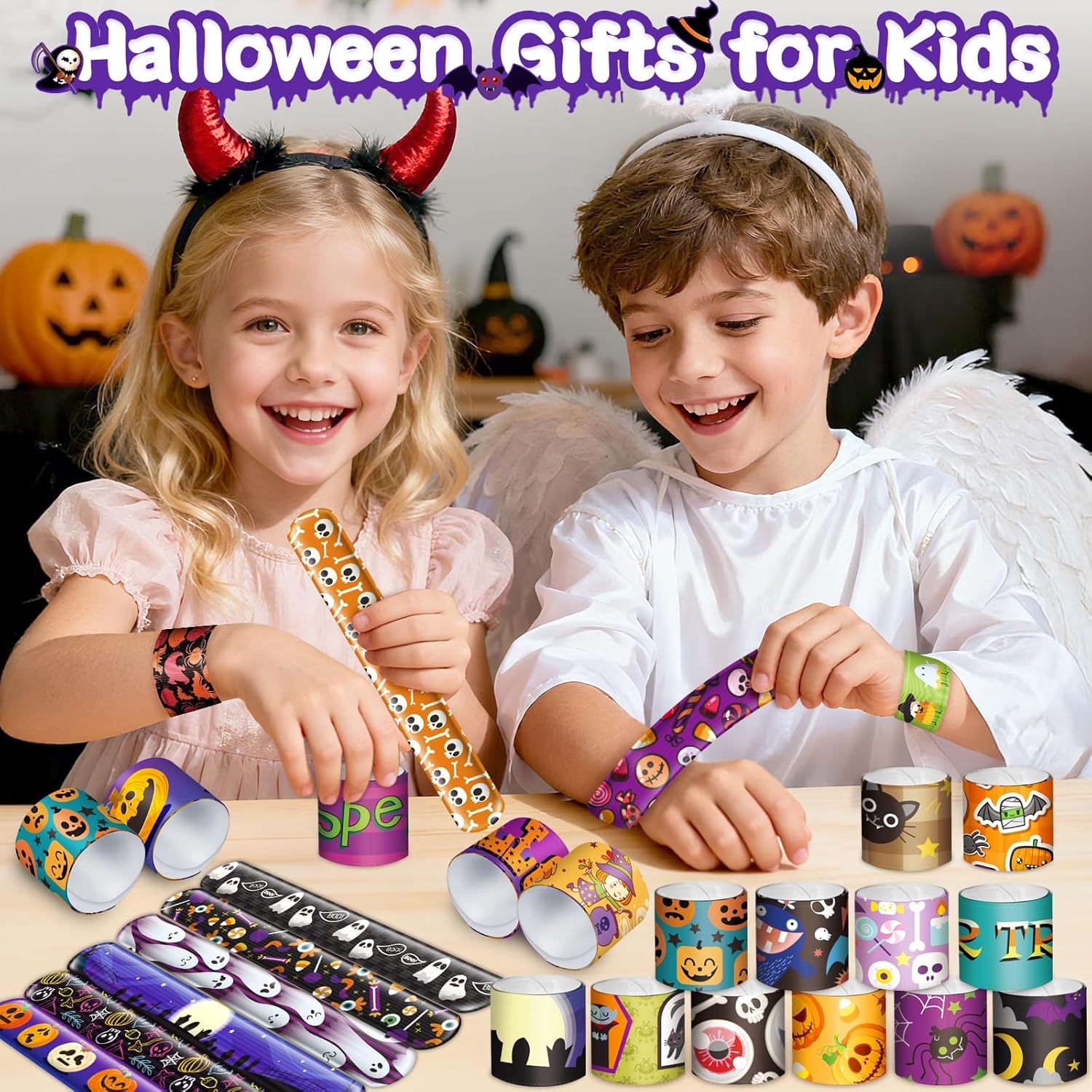 OCHIDO 120 PCS Halloween Slap Bracelets Bulk, Halloween Party Favors Slap Bracelets for Kids, Friendship Snap Bracelets Bulk for Halloween Treat Bags Fillers, Classroom Prizes Exchanging Gifts